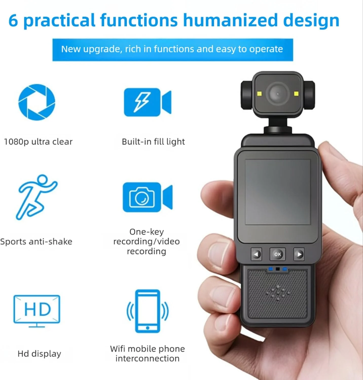 دوربین فیلمبرداری HD برای یوتیوب، دارای گیره و پایه سه پایه، انتقال تلفن از طریق برنامه، ضبط 1080P، چرخش 180°/270° دوربین فیلمبرداری HD برای یوتیوب، دارای گیره و پایه سه پایه، انتقال تلفن از طریق برنامه، ضبط 1080P، چرخش 180°/270°