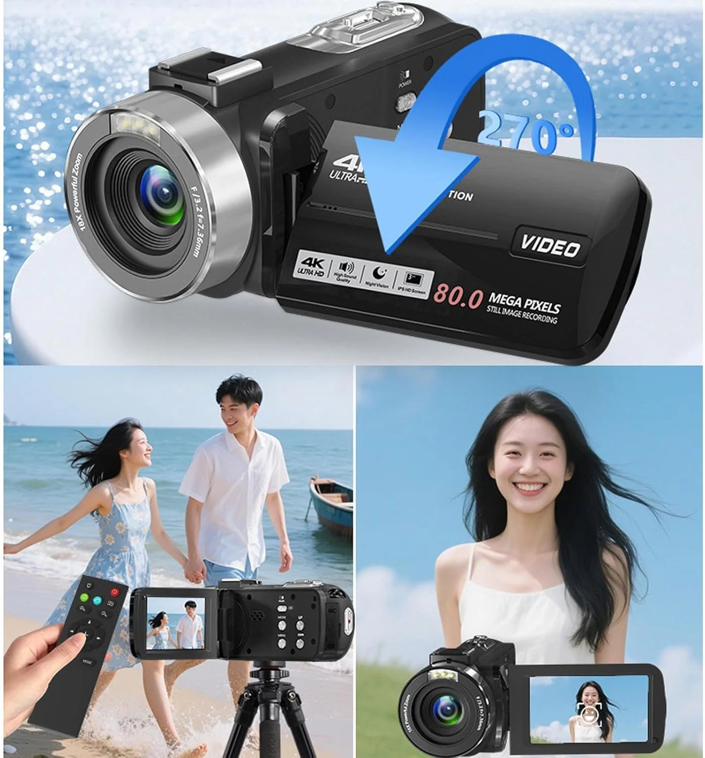 دوربین فیلمبرداری 4K YUEHISY، دوربین HD 80 مگاپیکسلی با صفحه نمایش چرخان 270 درجه - زوم 18X، فلاش LED، باتری 1500 میلی آمپر ساعتی، برای ولاگ سفر