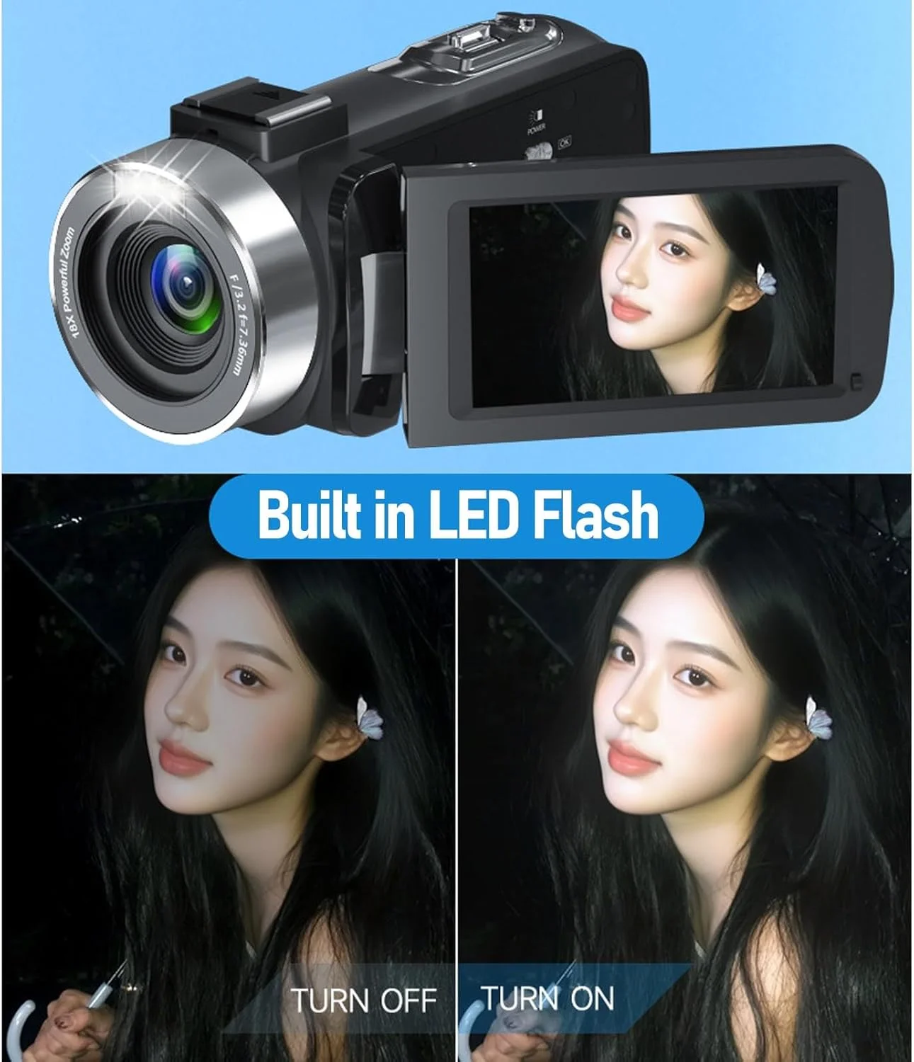 دوربین فیلمبرداری 4K YUEHISY، دوربین HD 80 مگاپیکسلی با صفحه نمایش چرخان 270 درجه - زوم 18X، فلاش LED، باتری 1500 میلی آمپر ساعتی، برای ولاگ سفر