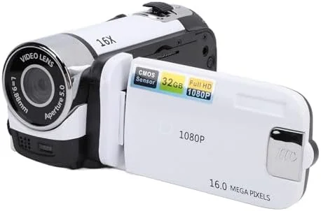 دوربین فیلمبرداری یونیر، دوربین دیجیتال ضبط ویدیو 1080P با صفحه نمایش رنگی 2.4 اینچی، زوم 16 برابر، ضد لرزش، باتری داخلی (سفید)