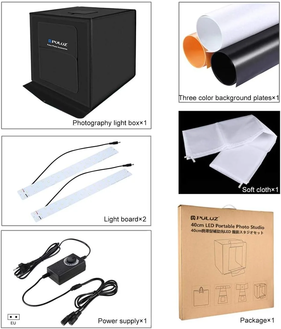 جعبه استودیویی نورپردازی عکس تاشو قابل حمل PULUZ با ابعاد 40x40x40 سانتی متر به همراه سه پس زمینه رنگی (مشکی، نارنجی، سفید) جعبه استودیویی نورپردازی عکس تاشو قابل حمل PULUZ با ابعاد 40x40x40 سانتی متر به همراه سه پس زمینه رنگی (مشکی، نارنجی، سفید)