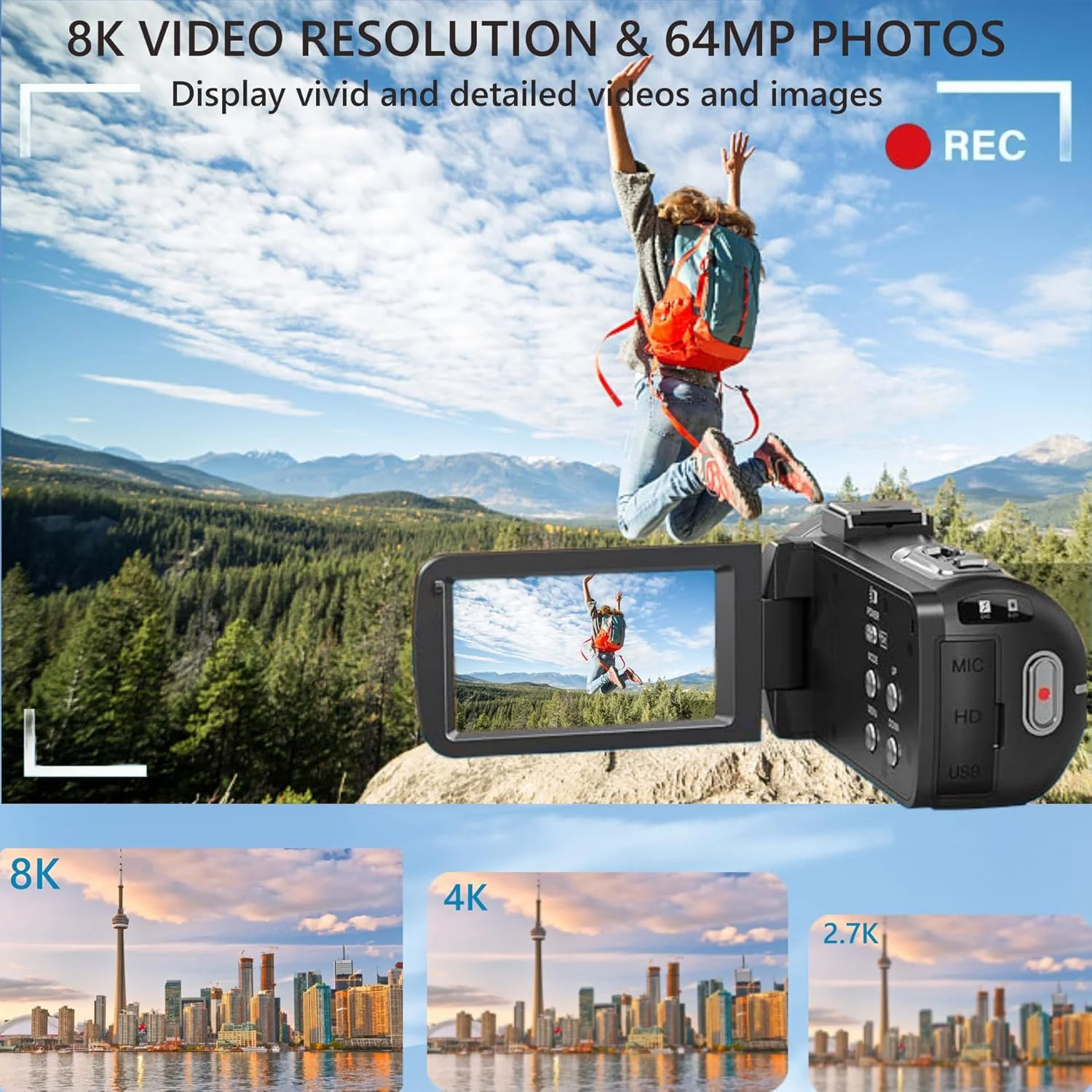 دوربین فیلمبرداری Yuejewlry 8K 64MP با زوم دیجیتال 18X، دوربین وبلاگ نویسی یوتیوب، وب کم، دید در شب IR، صفحه لمسی 3.0 اینچی، کارت SD 32 گیگابایتی، کنترل از راه دور 2.4G و 2 باتری دوربین فیلمبرداری Yuejewlry 8K 64MP با زوم دیجیتال 18X، دوربین وبلاگ نویسی یوتیوب، وب کم، دید در شب IR، صفحه لمسی 3.0 اینچی، کارت SD 32 گیگابایتی، کنترل از راه دور 2.4G و 2 باتری