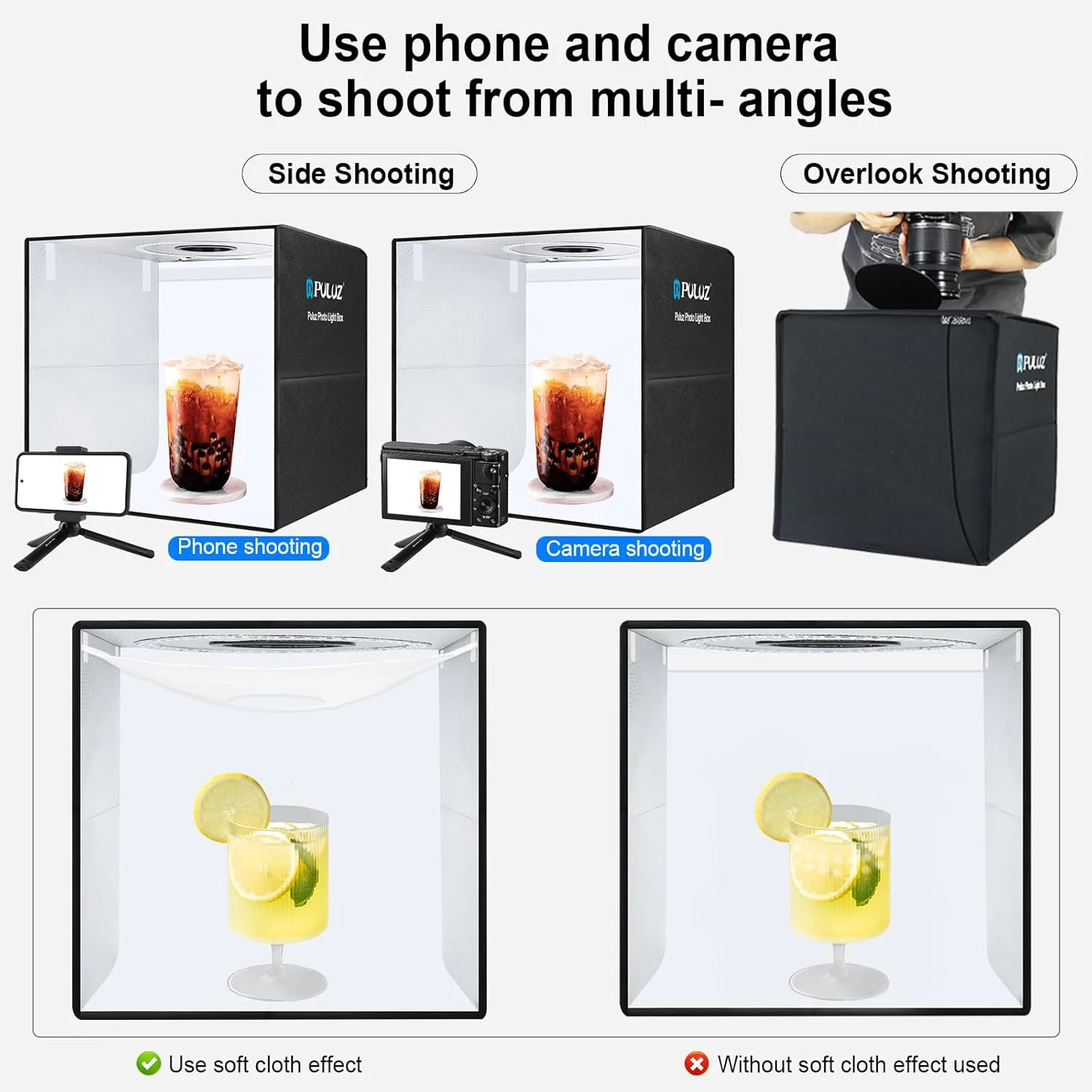 جعبه استودیویی نور PULUZ 50x50x50 سانتی متر با 6 پس زمینه و سه پایه برای عکاسی محصول