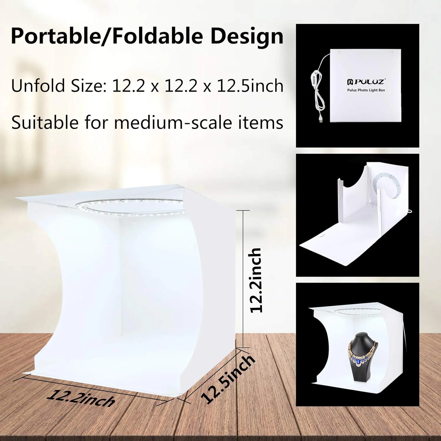 جعبه نور استودیویی عکس PULUZ با نور حلقوی 30 سانتیمتری، کیت چادر نور قابل حمل و قابل تنظیم با نور سفید/گرم/ملایم، 80 عدد چراغ LED + 6 پسزمینه برای نمایش محصول جعبه نور استودیویی عکس PULUZ با نور حلقوی 30 سانتیمتری، کیت چادر نور قابل حمل و قابل تنظیم با نور سفید/گرم/ملایم، 80 عدد چراغ LED + 6 پسزمینه برای نمایش محصول