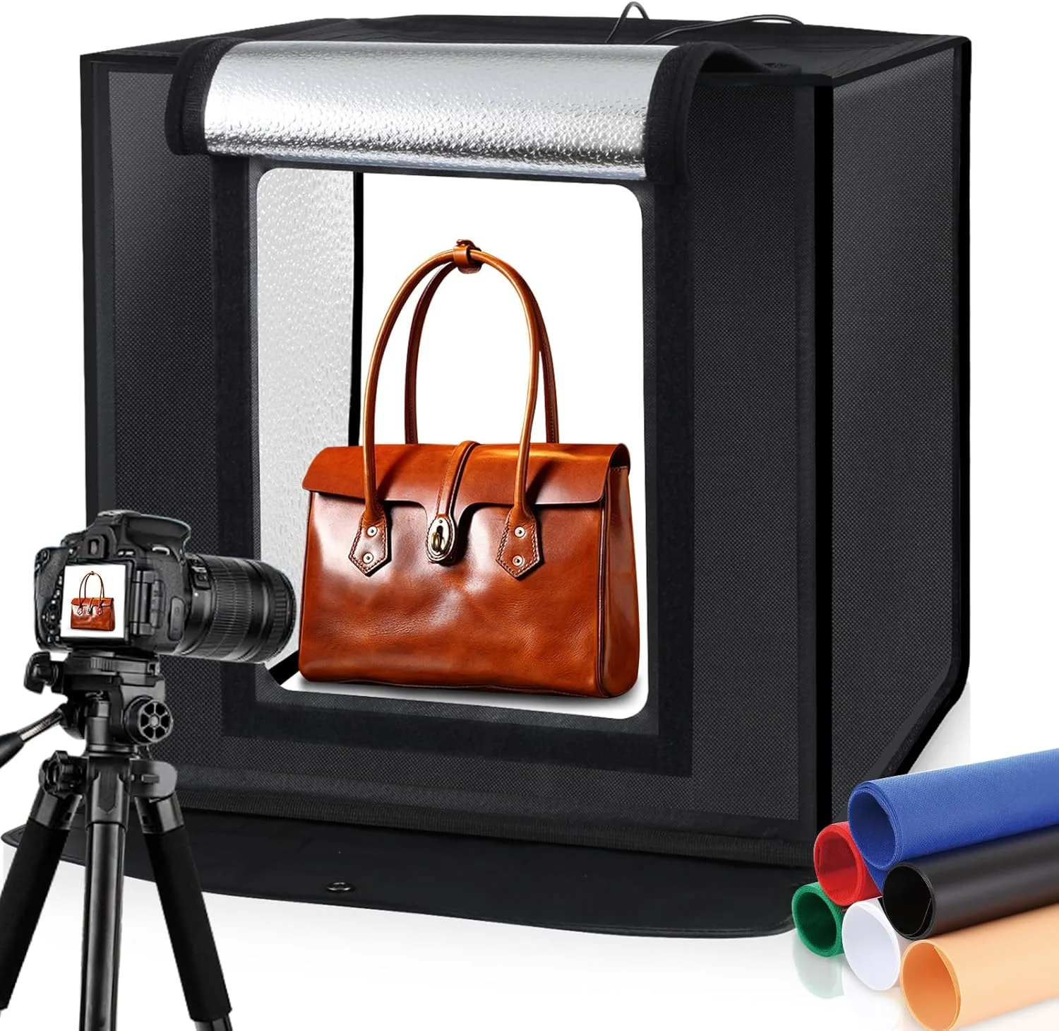 جعبه نور استودیویی قابل حمل PULUZ، 60x60x60 سانتی متر، چادر نور LED 5500K مینی 60 وات، کیت چادر استودیویی عکاسی با 3 پس زمینه قابل جابجایی مشکی نارنجی سفید دوشاخه UK