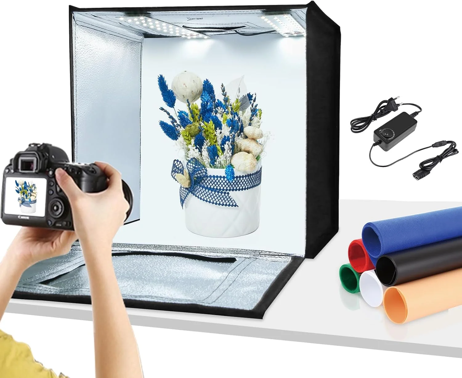 جعبه استودیویی نور قابل تنظیم PULUZ، 40 سانتی‌متری، نور سفید، چادر نور تاشو قابل حمل برای فروش آنلاین محصولات تجاری، به همراه پارچه نرم، 2 صفحه نور و 3 پس زمینه رنگی PVC
