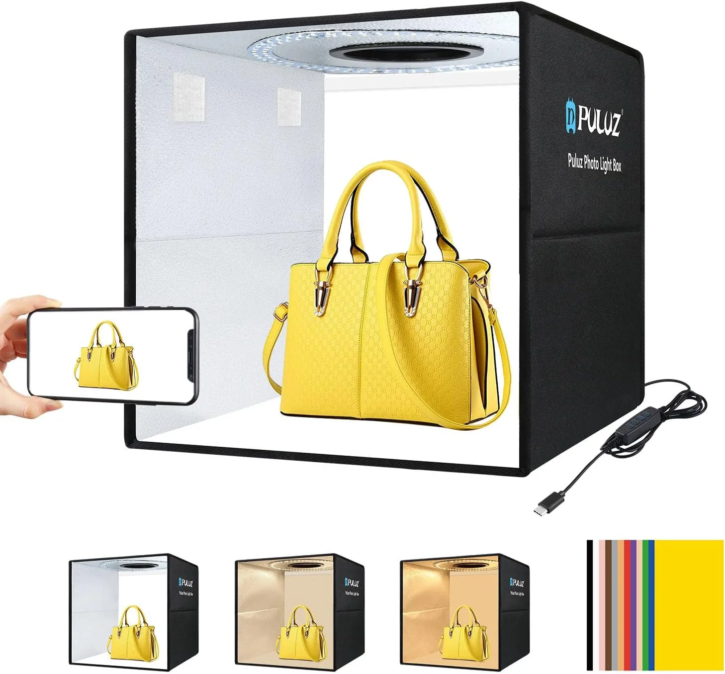 جعبه نور استودیویی ارتقا یافته PULUZ 16 اینچ / 40 سانتی متر، چادر نور عکس تاشو آسان قابل حمل، کیت چادر عکاسی حرفه ای سه رنگ با نورهای LED 144 و 6 پس زمینه (12 رنگ)