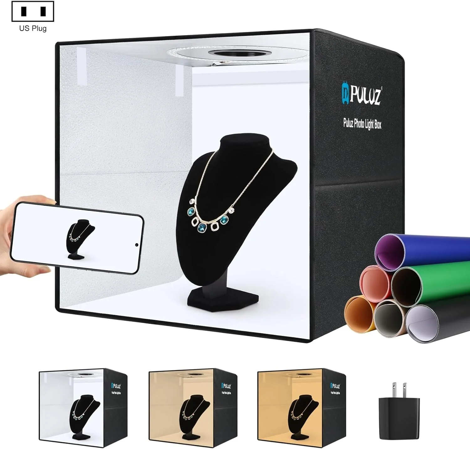 جعبه نور استودیویی قابل حمل PULUZ، چادر نور عکاسی 50cm x 50cm، چادر استودیویی عکاسی حرفه ای با نور قابل تنظیم و 12 پس زمینه رنگی، CRI≥90، جعبه عکس برای عکاسی محصول