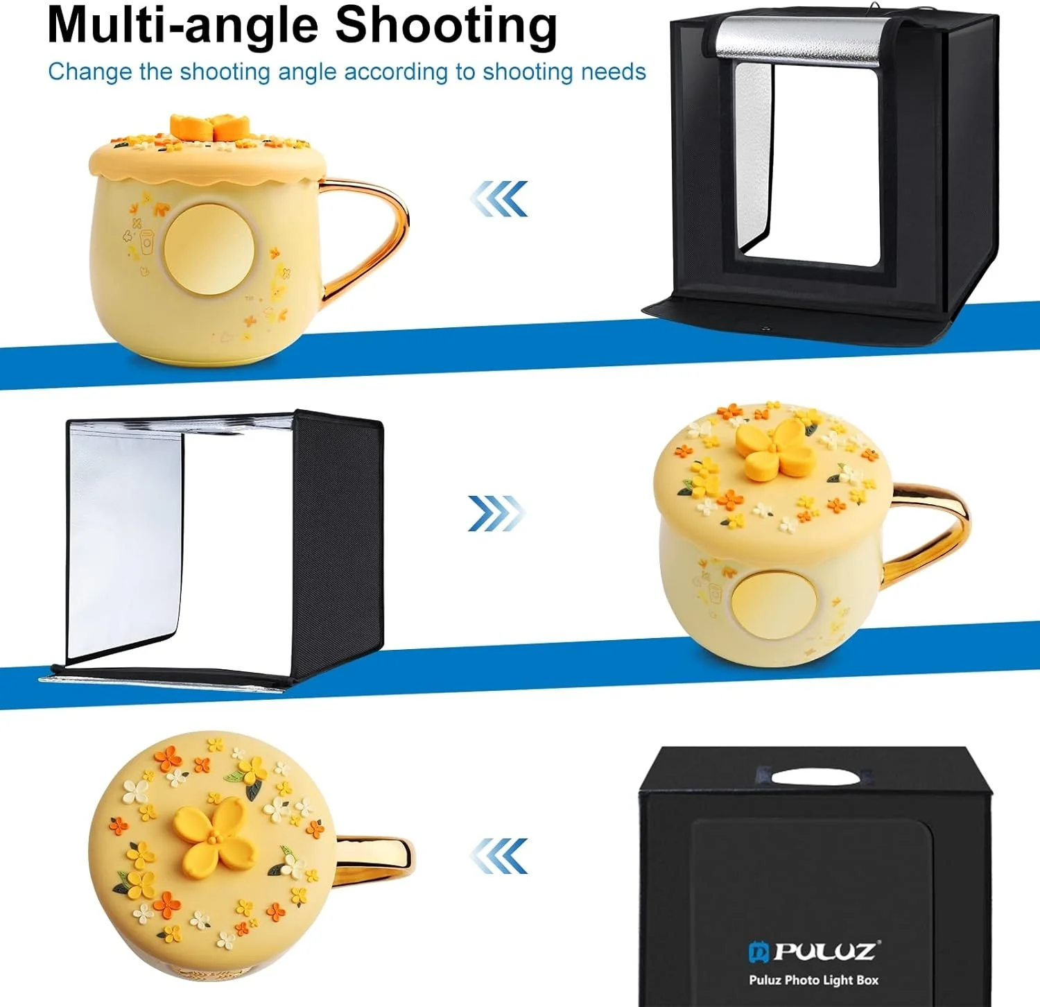 جعبه نور عکاسی PULUZ 40 سانتی متری، جعبه عکس قابل حمل تاشو، استودیوی عکس، چادر نورپردازی با نور قابل تنظیم و 2x32 چراغ LED و 6 پس زمینه عکس جعبه نور عکاسی PULUZ 40 سانتی متری، جعبه عکس قابل حمل تاشو، استودیوی عکس، چادر نورپردازی با نور قابل تنظیم و 2x32 چراغ LED و 6 پس زمینه عکس