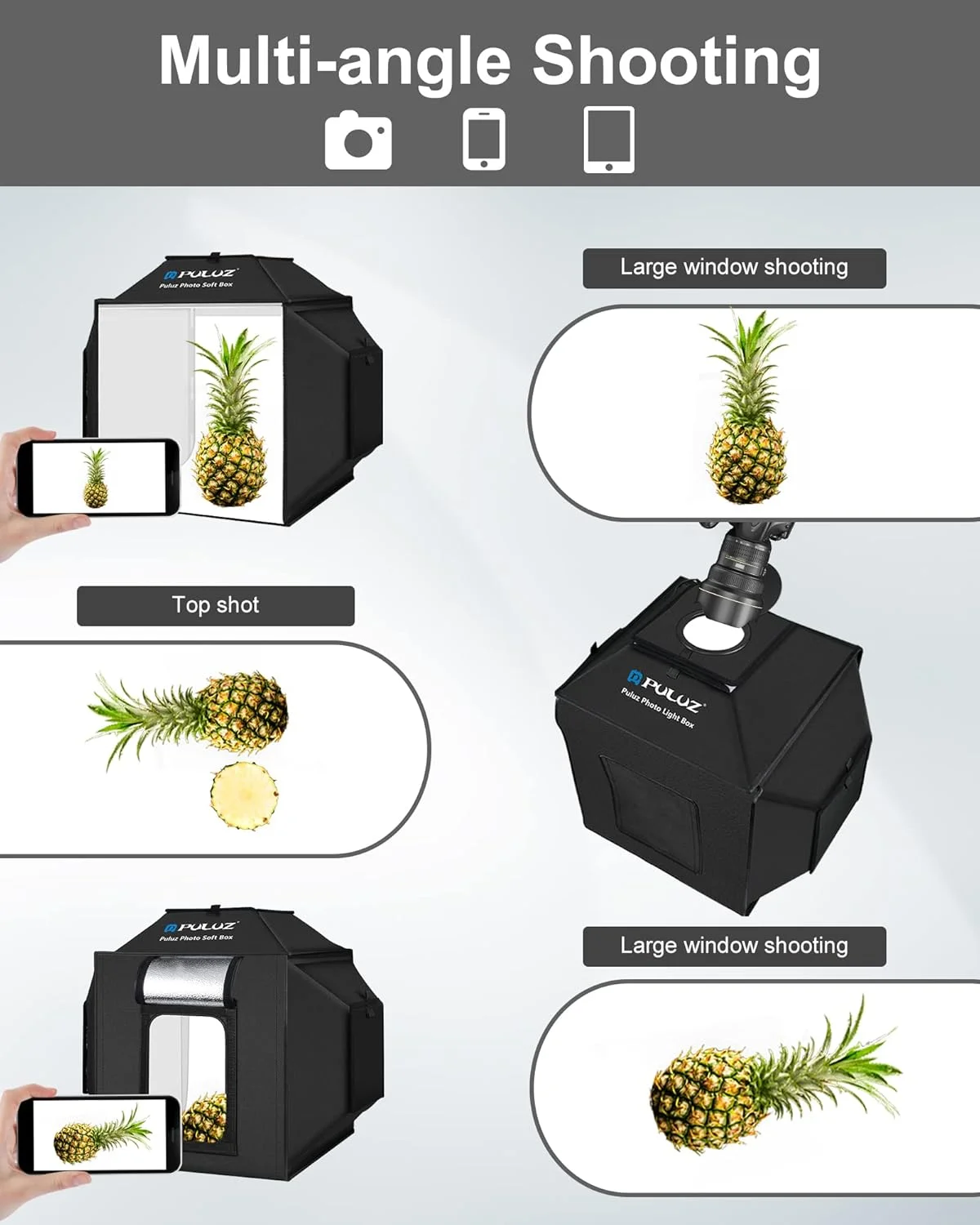 جعبه نور و سافت باکس ارتقا یافته PULUZ، چادر عکاسی حرفه ای 16"x16" با 480 چراغ LED، جعبه نور استودیوی عکس با 4 پس زمینه PVC رنگی برای عکاسی از جواهرات و محصولات