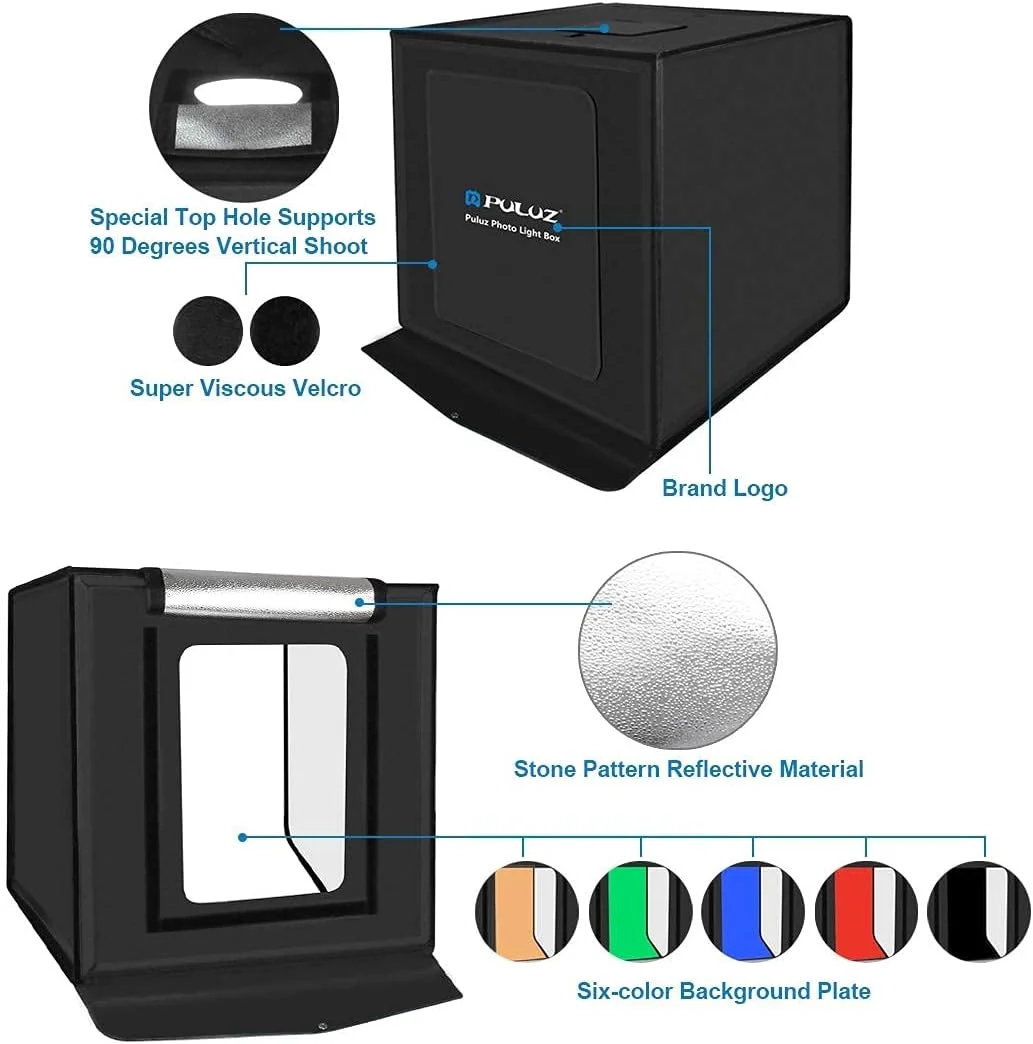 جعبه استودیویی نور قابل تنظیم PULUZ، 40 سانتی‌متری، نور سفید، چادر نور تاشو قابل حمل برای فروش آنلاین محصولات تجاری، به همراه پارچه نرم، 2 صفحه نور و 3 پس زمینه رنگی PVC