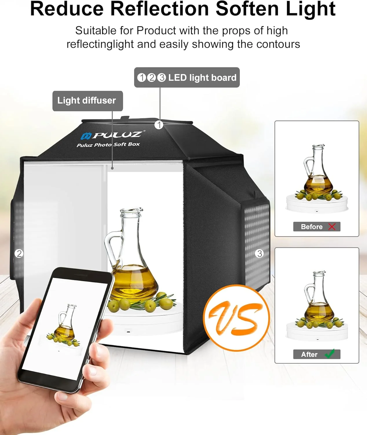 جعبه نور و سافت باکس ارتقا یافته PULUZ، چادر عکاسی حرفه ای 16"x16" با 480 چراغ LED، جعبه نور استودیوی عکس با 4 پس زمینه PVC رنگی برای عکاسی از جواهرات و محصولات