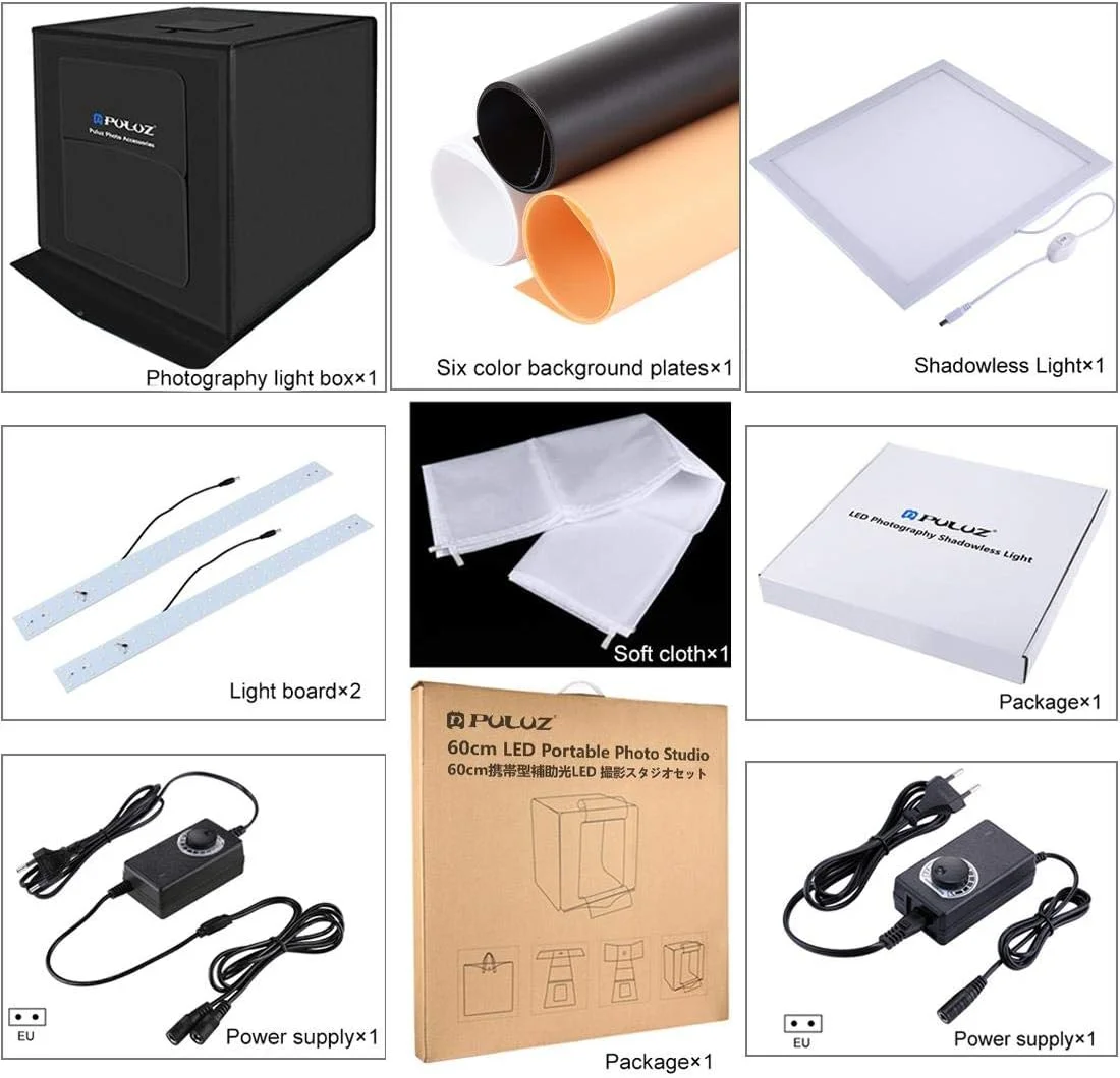 جعبه نور تاشو قابل حمل PULUZ 60cm x 60cm 60W 2 x 1690LM 5500K به همراه صفحه نور عکاسی LED 38X38CM جعبه نور تاشو قابل حمل PULUZ 60cm x 60cm 60W 2 x 1690LM 5500K به همراه صفحه نور عکاسی LED 38X38CM