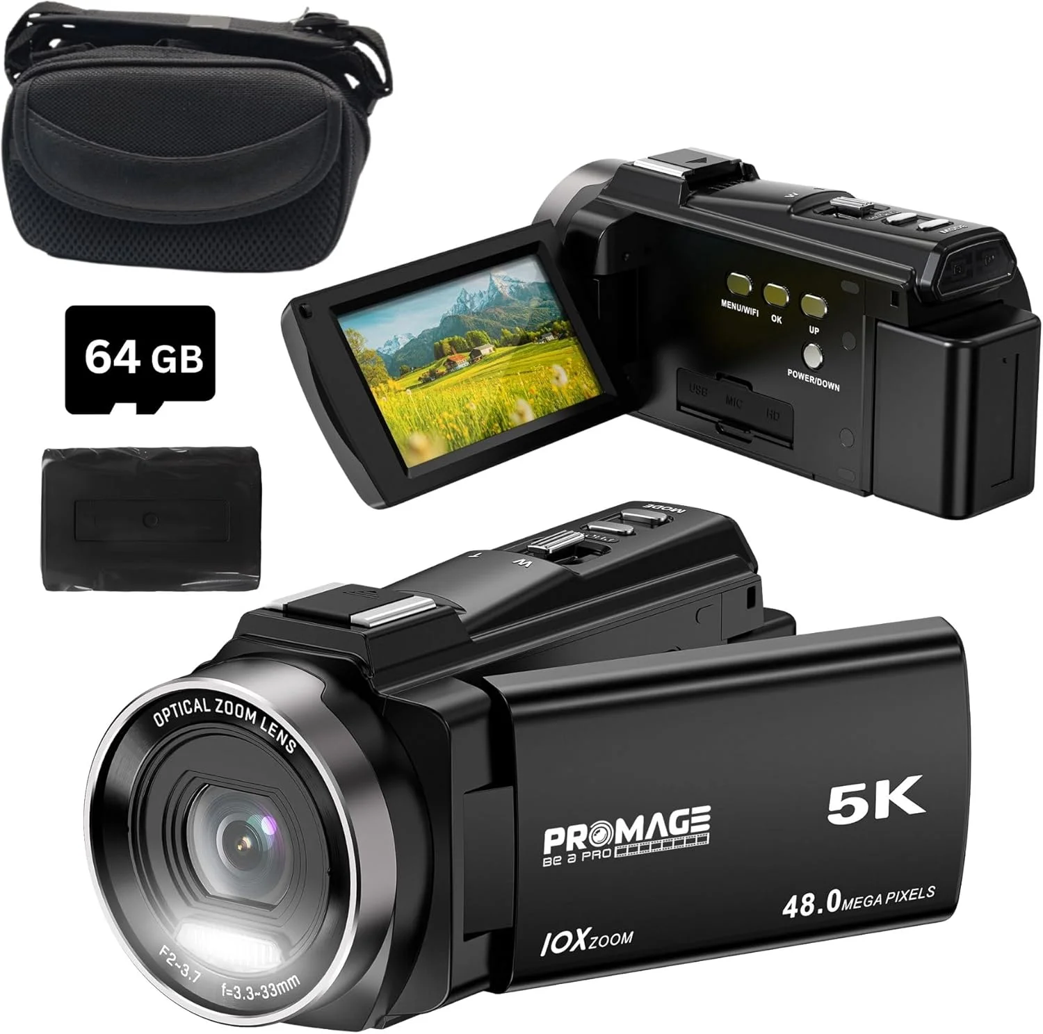 دوربین فیلمبرداری 5K پرومِیج - دوربین فیلمبرداری دیجیتال قابل حمل 48 مگاپیکسلی با زوم اپتیکال 10X، اشتراک‌گذاری Wi-Fi، ضبط کننده ویدیوی دیجیتال چرخشی با صفحه لمسی 3 اینچی و کارت 64 گیگابایتی