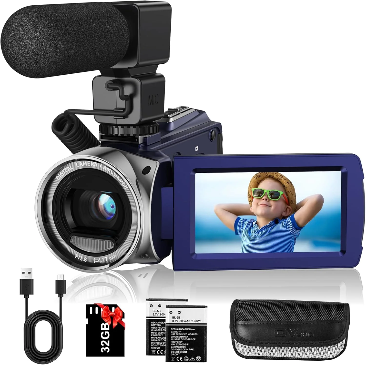 دوربین فیلمبرداری راویمی FHD 1080P 36MP دوربین ضبط ولاگ یوتیوب با صفحه نمایش 3.0 اینچی با قابلیت چرخش 270 درجه، زوم دیجیتال 18X به همراه میکروفون، کارت حافظه SD 32 گیگابایتی و 2 باتری (آبی)