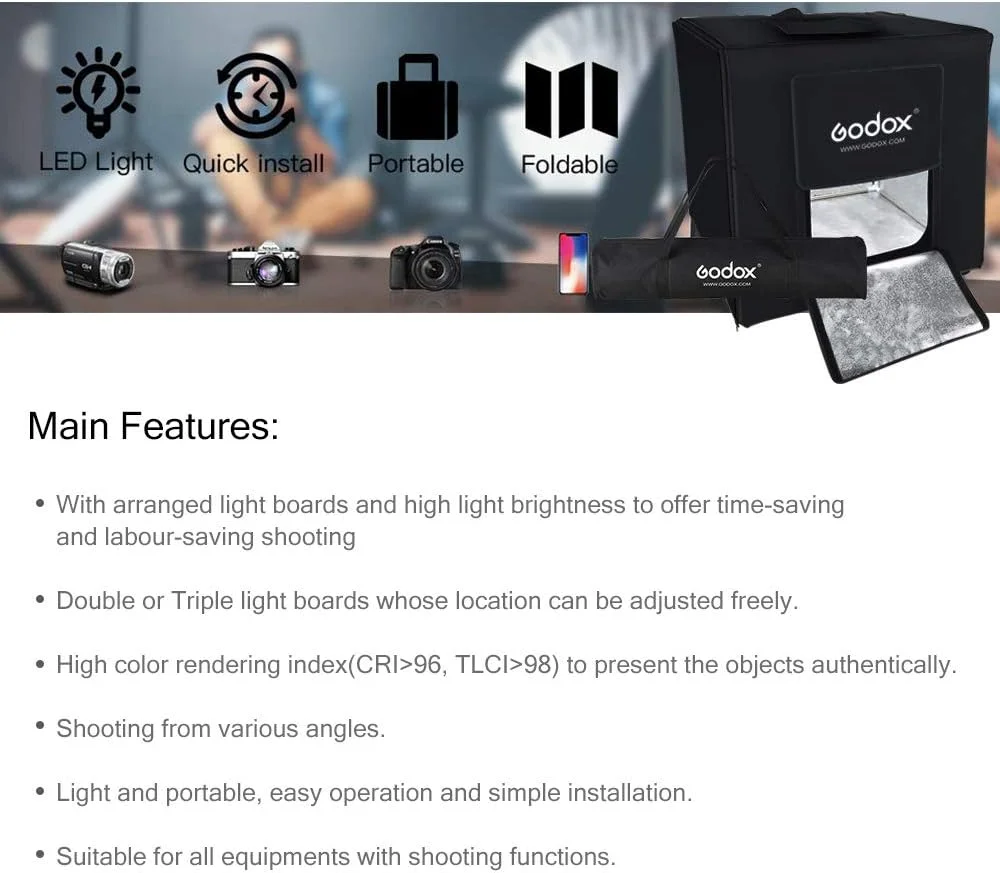 چادر استودیویی عکاسی LED کوچک گودوکس LSD80، ابعاد 80x80x80 سانتی متر، دارای دو صفحه نور LED برای عکاسی (توان 40 وات، 10000 تا 11000 لومن، دمای رنگ 5800K±200K) (LSD80) چادر استودیویی عکاسی LED کوچک گودوکس LSD80، ابعاد 80x80x80 سانتی متر، دارای دو صفحه نور LED برای عکاسی (توان 40 وات، 10000 تا 11000 لومن، دمای رنگ 5800K±200K) (LSD80)