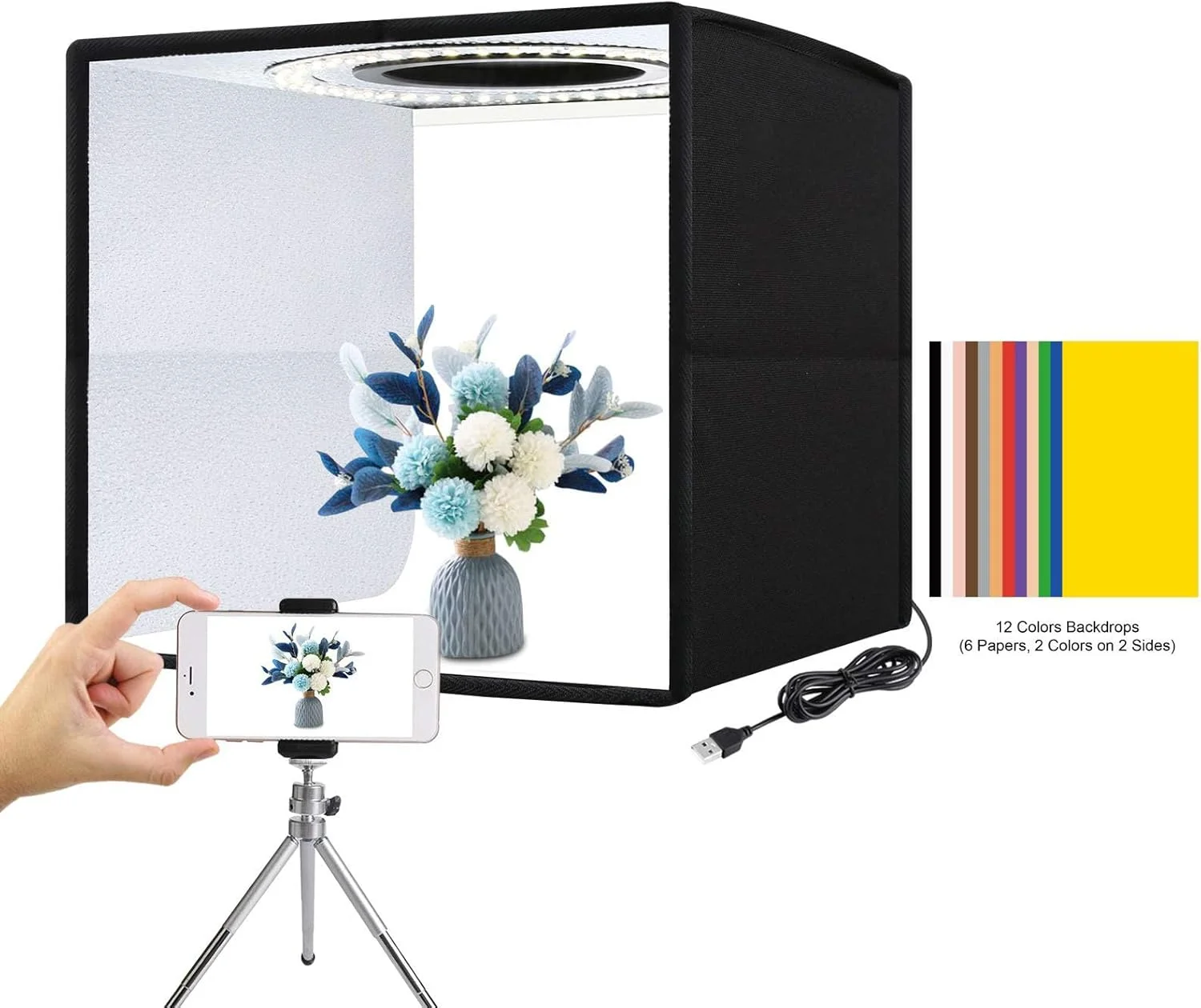 جعبه نور استودیویی عکس مینی TERRIFI، تاشو قابل حمل، مجموعه سافت باکس با 12 پس زمینه رنگی، CRI >95 96 عدد چراغ LED، کیت استودیویی عکس مینی برای محصولات با اندازه کوچک، چادر نور عکاسی