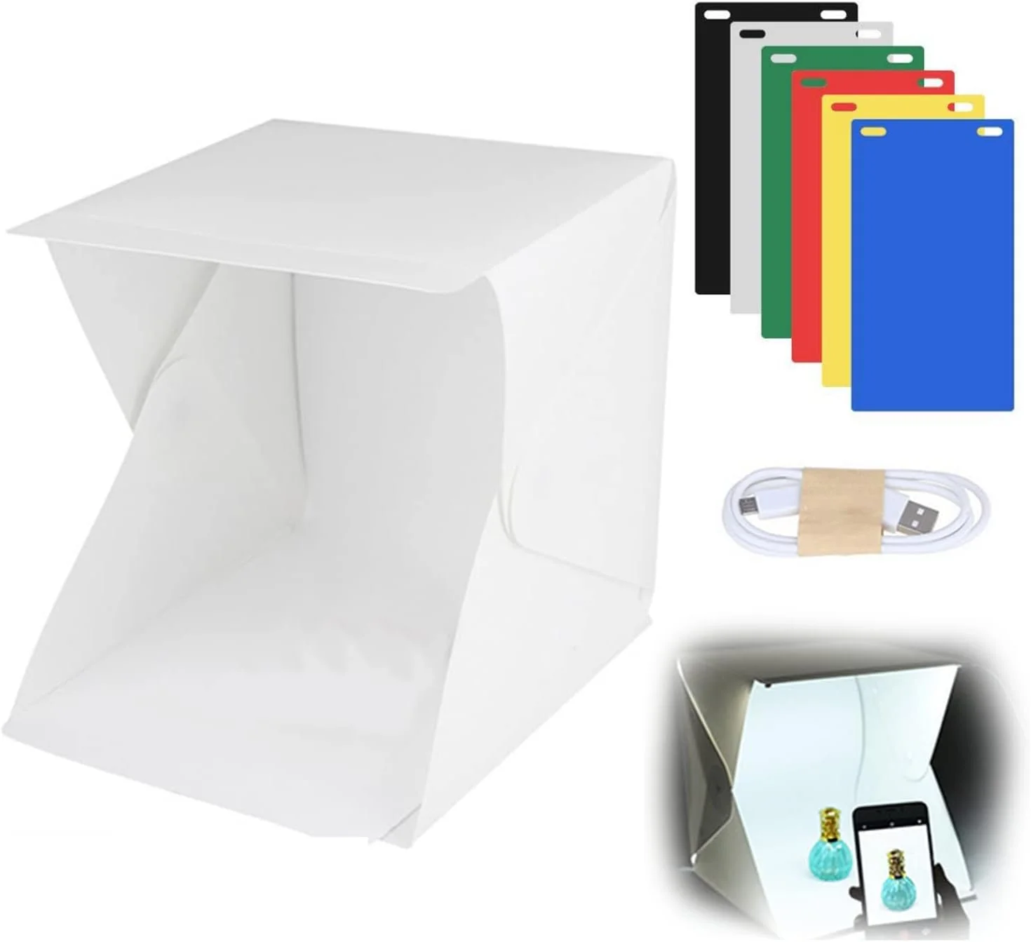 جعبه نور استودیویی عکس قابل حمل KASTWAVE با چراغ، کیت چادر نور تاشو عکاسی 20 * 20 * 20 سانتی متر با نور LED و 6 نوع پس زمینه رنگی برای محصولات کوچک، جواهرات، مدل های مینیاتوری و غیره