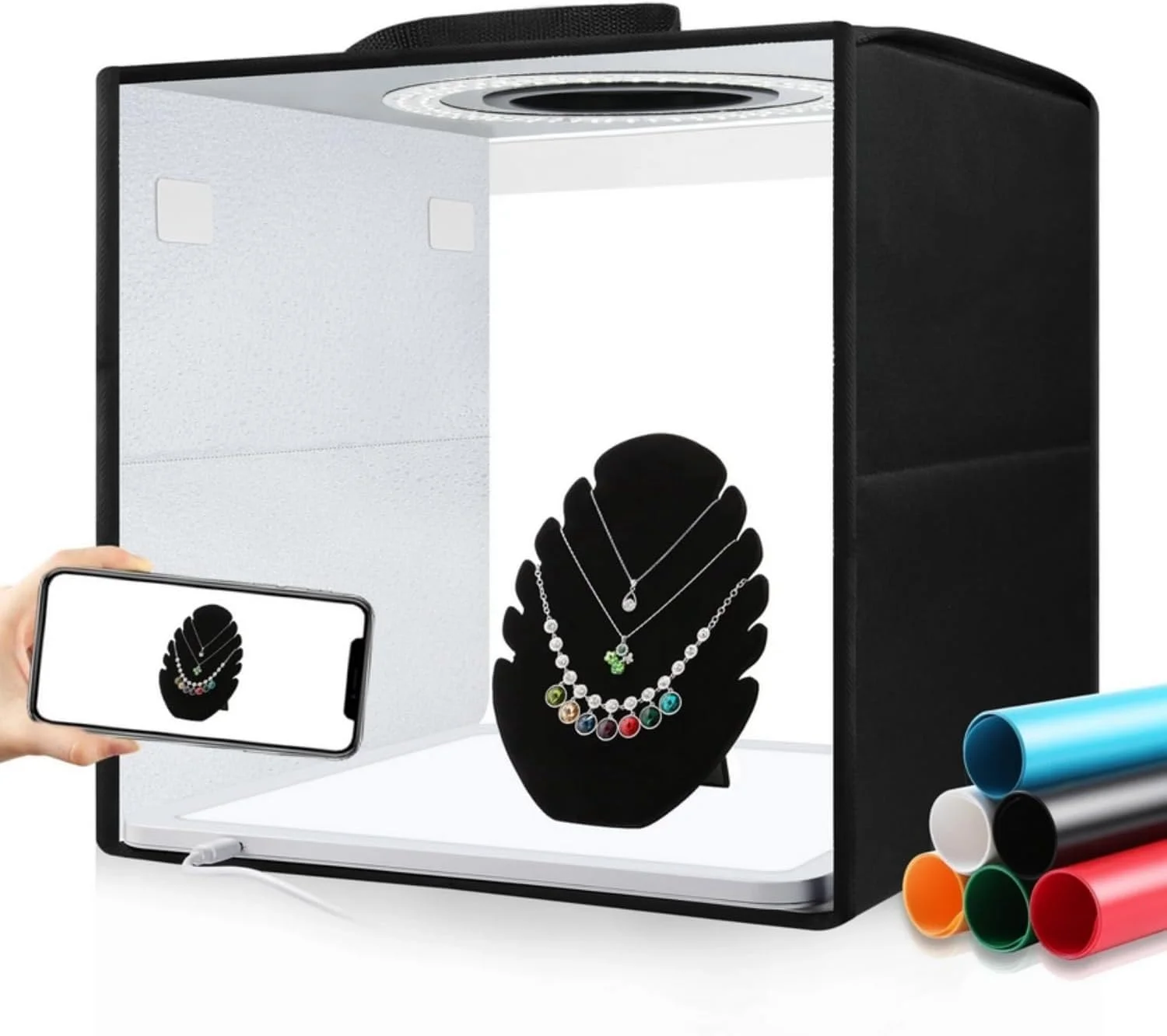 جعبه نور استودیویی رومیزی تاشو LED سایز 30 * 30 * 30 سانتی‌متر با پنل نور LED 5500K برای عکاسی از محصولات کوچک