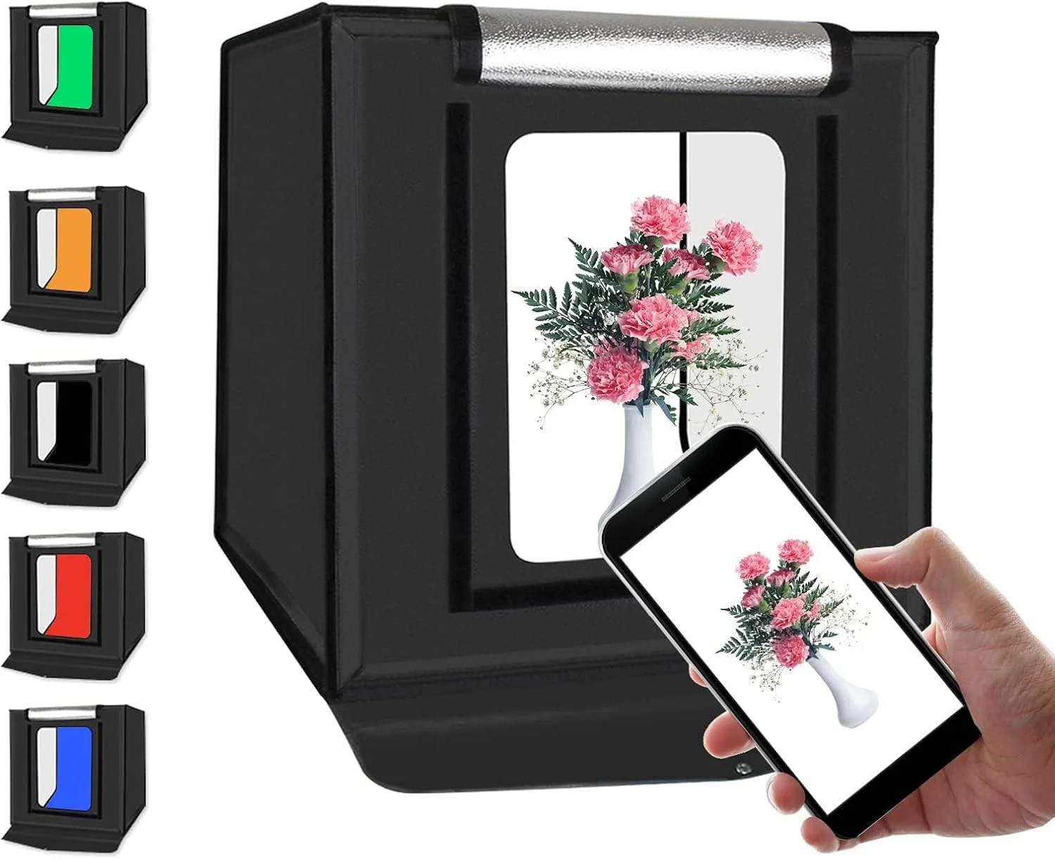 جعبه استودیوی عکس قابل حمل ای‌وینر با ابعاد 60x60x60 سانتی‌متر، کیت چادر عکاسی تاشو، جعبه نور عکاسی 2x1690LM 5500K نور سفید با 120 عدد مهره لامپ LED، دارای 6 پس‌زمینه رنگی و پارچه نور نرم