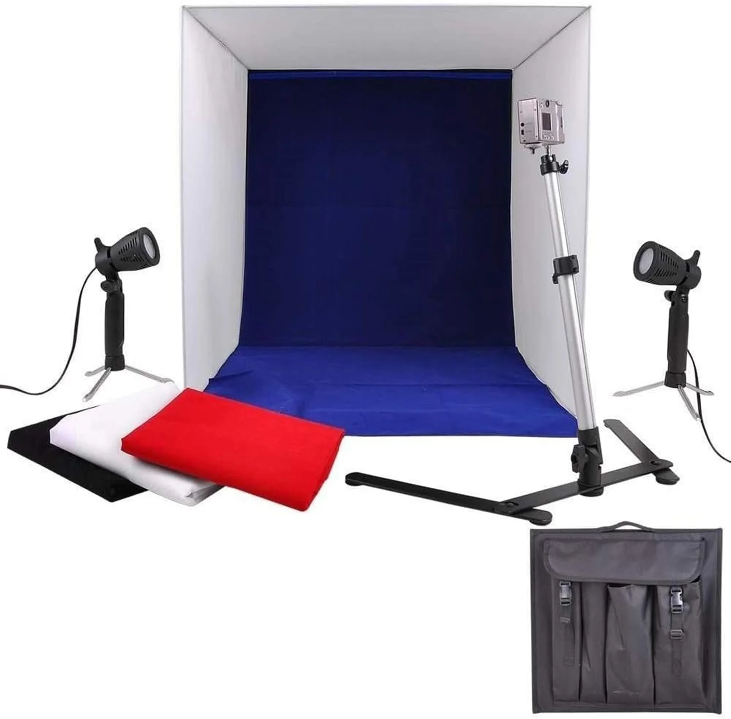 جعبه نور استودیویی عکاسی رومیزی قابل حمل eWINNER با ابعاد 50 در 50 سانتی متر - مجموعه شامل چادر جعبه نور / 2 عدد چراغ / پایه دوربین و پارچه پس زمینه سفید، مشکی، آبی و قرمز