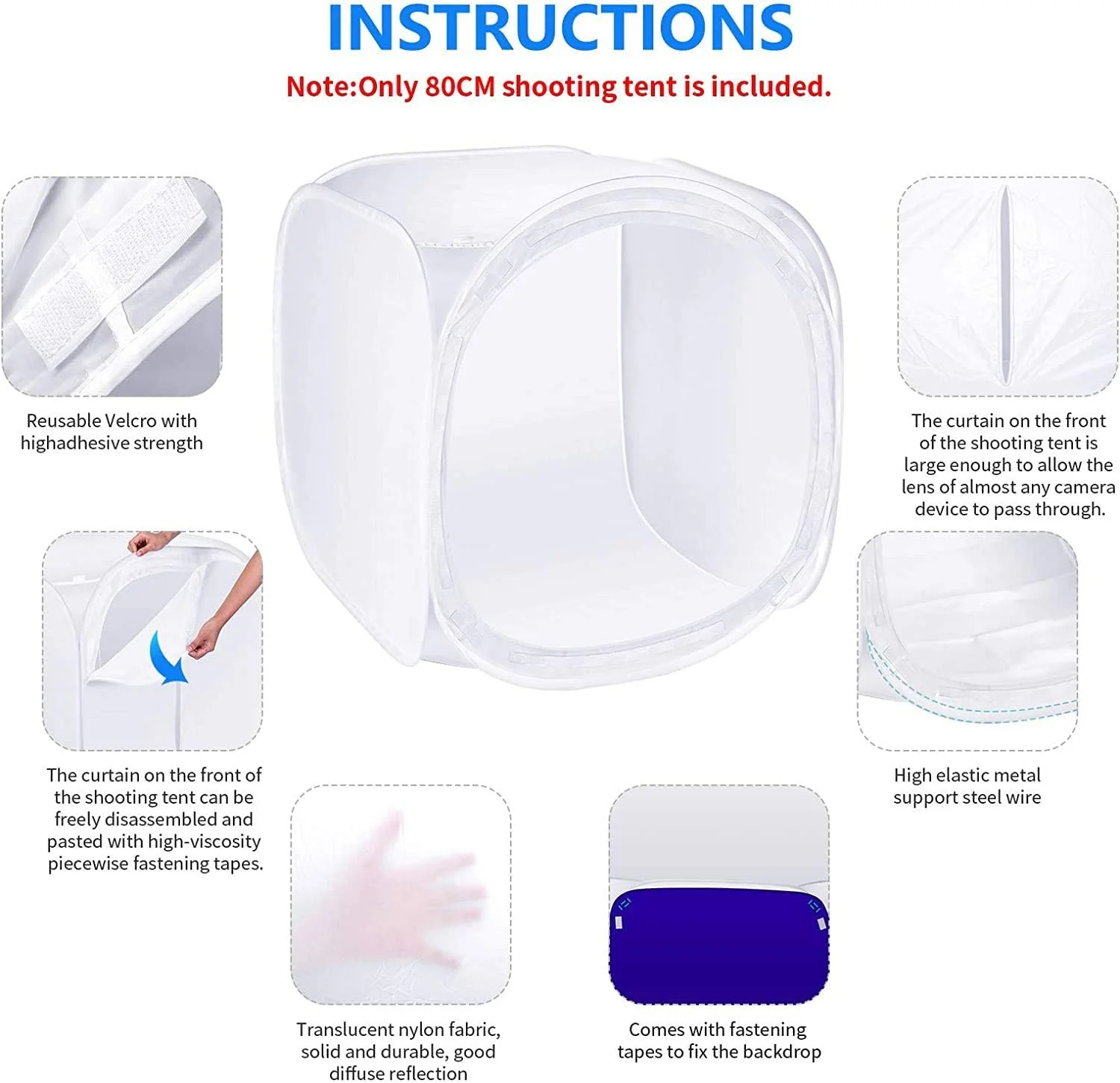 جعبه نور چادر عکاسی استودیویی قابل حمل eWINNER با 4 پس زمینه رنگی (قرمز، آبی، مشکی، سفید) برای عکاسی در فضای داخلی و خارجی روی میز (80 سانتی متر)