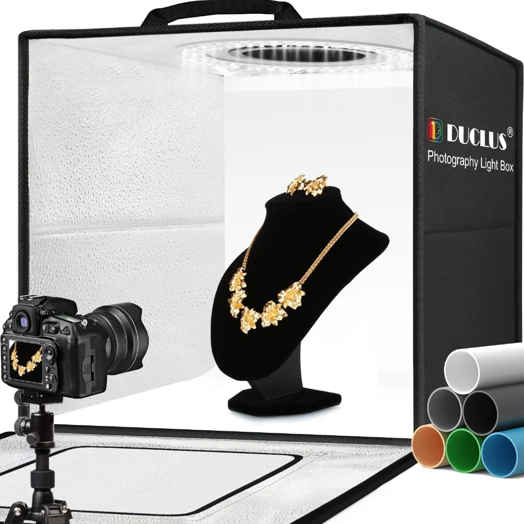جعبه نور عکاسی ارتقا یافته DUCLUS 50CM، کیت چادر نور استودیوی عکس قابل حمل بزرگ، غرفه عکس حرفه ای با قابلیت تنظیم نور با 216 چراغ LED و 6 پس زمینه برای عکاسی از جواهرات و محصولات غذایی