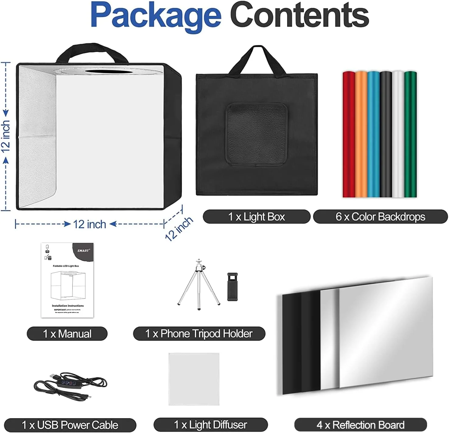 جعبه نور عکاسی EMART، 30x30 سانتی‌متر، جعبه نور استودیویی عکس با 120 LED و 6 پس‌زمینه ضدآب، کیت چادر عکاسی قابل حمل و کم‌نور برای جواهرات و محصولات کوچک