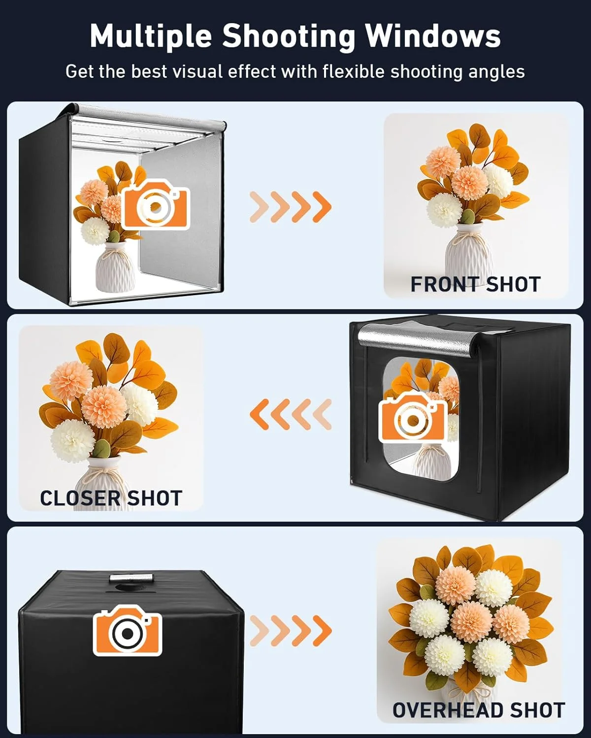 جعبه نور عکاسی DUCLUS، 60 سانتی متر/24 اینچ، کیت چادر عکاسی قابل حمل، جعبه نور استودیویی حرفه ای با قابلیت تنظیم نور و 100 مهره LED و 6 پس زمینه رنگی برای عکاسی از جواهرات و مواد غذایی