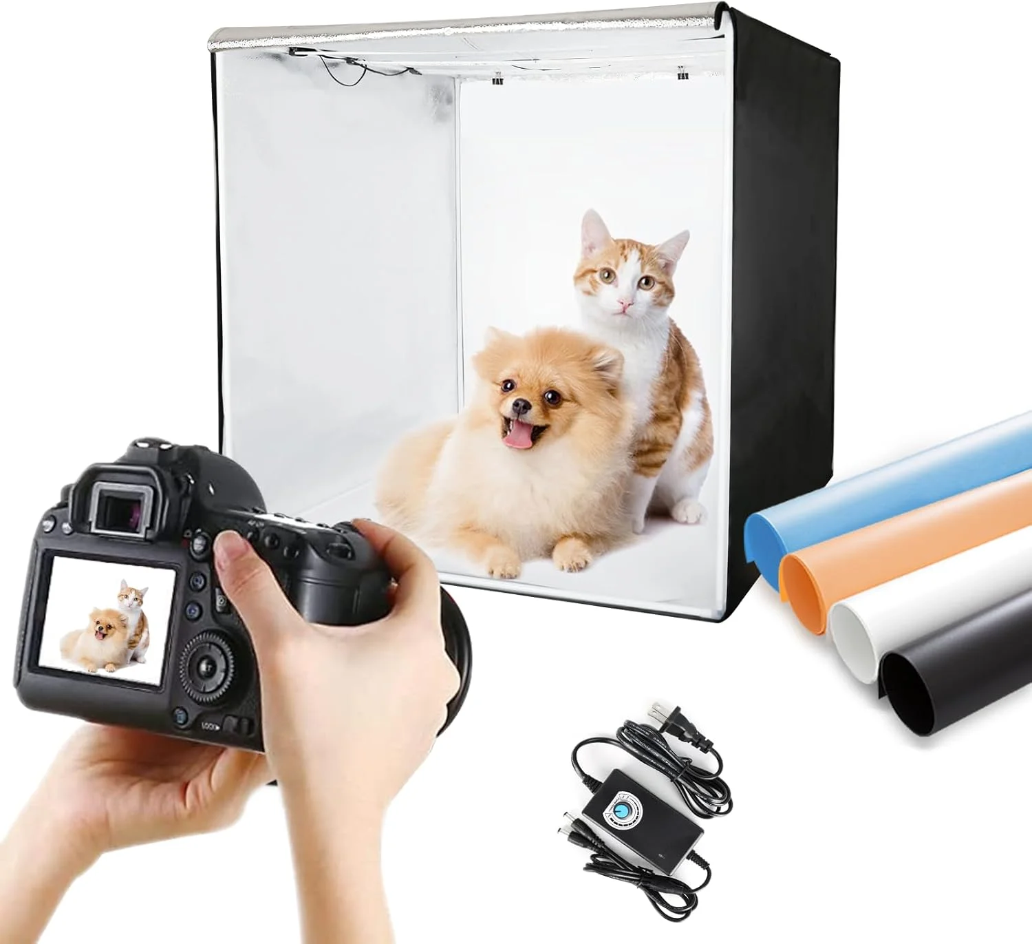 جعبه نور استودیوی عکاسی 60x60 سانتی متر، کیت چادر عکاسی با نور LED و 4 پس زمینه رنگی برای عکاسی محصول