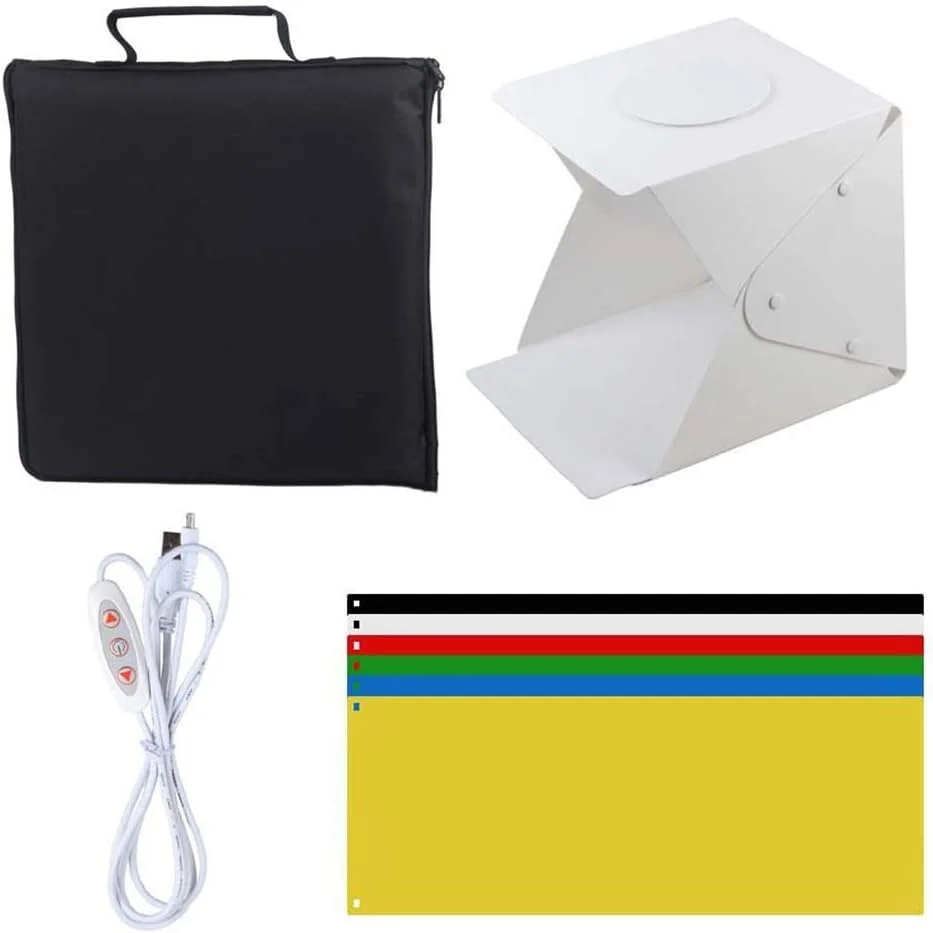 جعبه استودیوی عکس QSTF، کیت چادر عکاسی تاشو کوچک قابل حمل با پس زمینه سفید 40x40 سانتی متر با 2 نوار LED و 6 پس زمینه برای نمایش محصول اقلام کوچک جعبه استودیوی عکس QSTF، کیت چادر عکاسی تاشو کوچک قابل حمل با پس زمینه سفید 40x40 سانتی متر با 2 نوار LED و 6 پس زمینه برای نمایش محصول اقلام کوچک