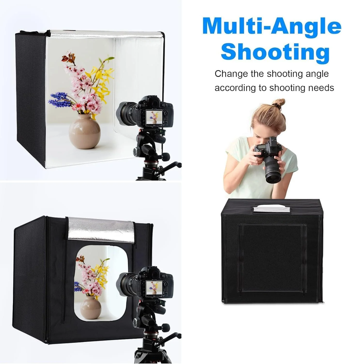 جعبه نور استودیوی عکاسی 60x60 سانتی متر، کیت چادر عکاسی با نور LED و 4 پس زمینه رنگی برای عکاسی محصول جعبه نور استودیوی عکاسی 60x60 سانتی متر، کیت چادر عکاسی با نور LED و 4 پس زمینه رنگی برای عکاسی محصول