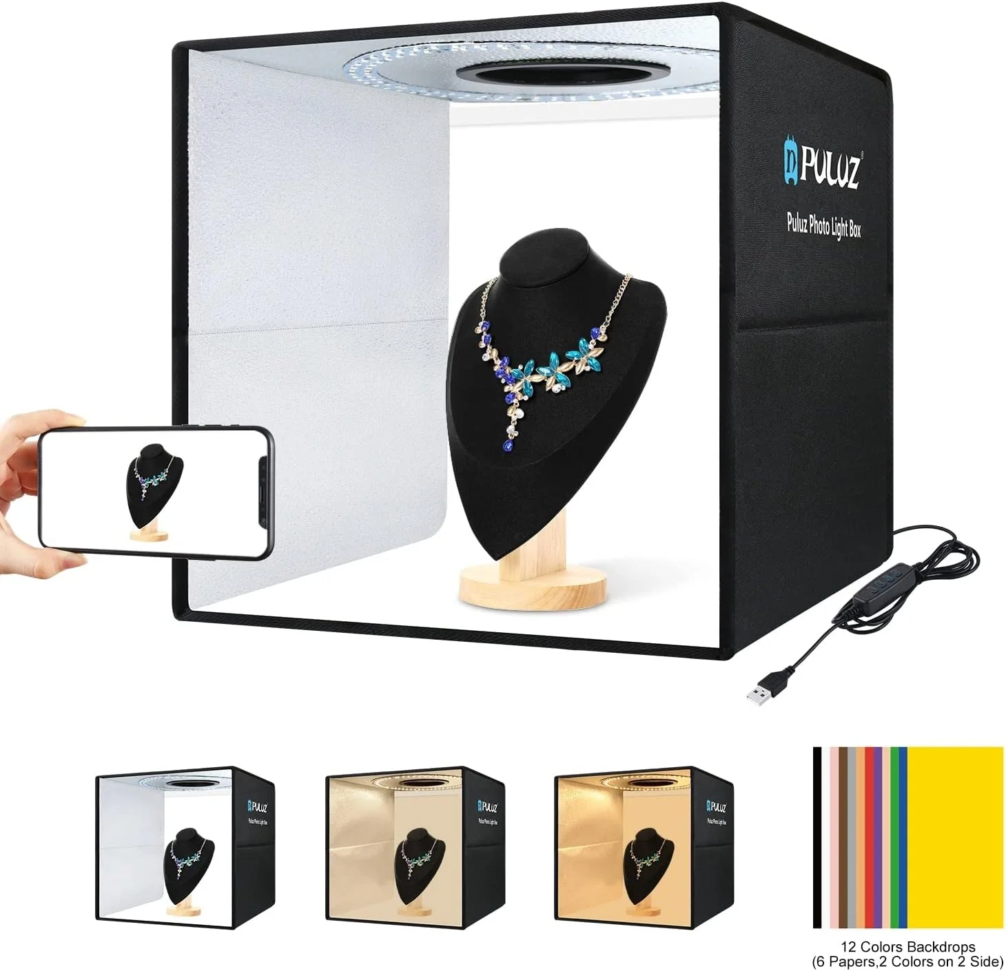 جعبه نور تاشو LED مدل PU5041B، ابعاد 40 * 40 * 40 سانتی متر، استودیوی عکس رومیزی، سافت باکس، 144 عدد لامپ LED با قابلیت تنظیم نور بین 3200K-6500K، دارای 3 حالت نور و 10 سطح روشنایی، تغذیه از طریق USB، به همراه 6 پس زمینه رنگی