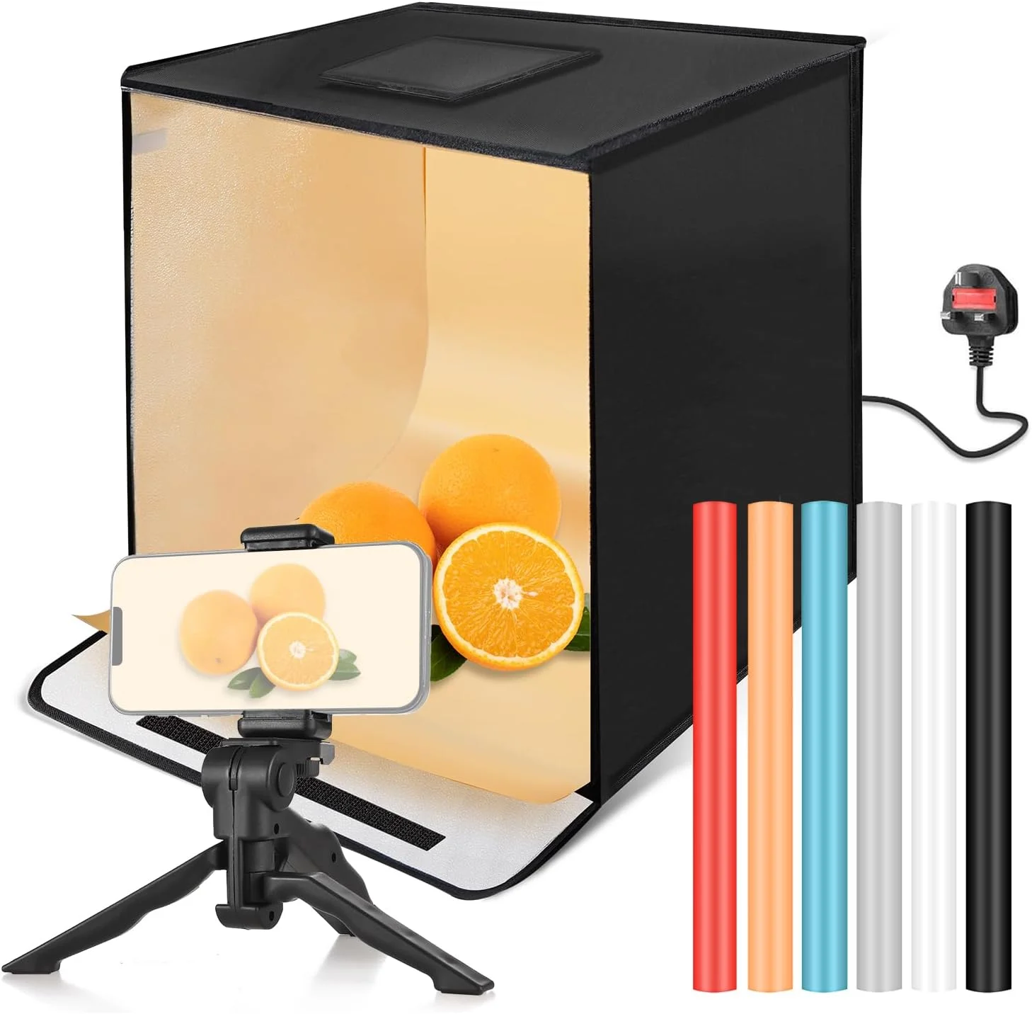 جعبه نور تاشو LED برای استودیو عکس رومیزی 40 * 40 * 40 سانتی متر، سافت باکس با قابلیت تنظیم نور پیوسته 3200K-5500K، دارای 168 عدد لامپ LED، 3 حالت نور با 6 پس زمینه رنگی، پارچه نرم و گیره تلفن