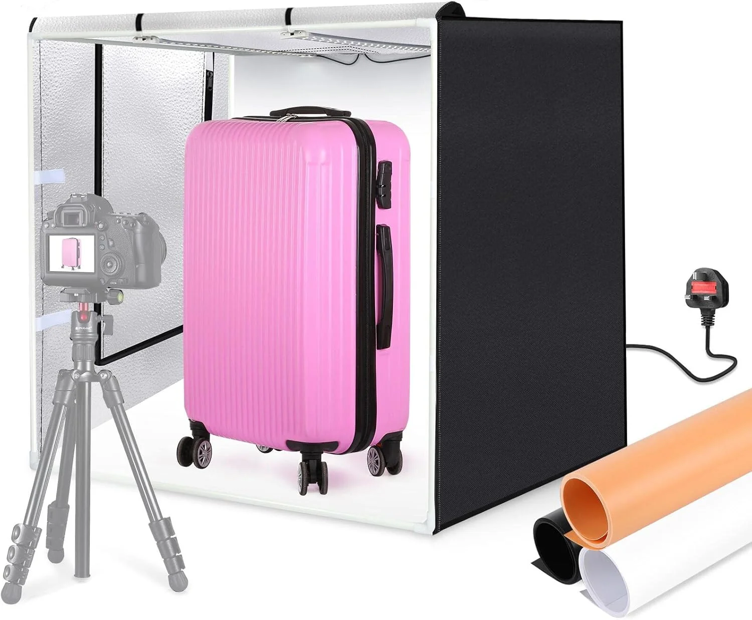 چادر نور LED تاشو بزرگ PU5080 با ابعاد 80 * 80 * 80 سانتی متر، جعبه نور استودیویی رومیزی 80 وات سافت باکس 156 عدد مهره LED با دمای 5500K و قابلیت تنظیم نور به همراه 3 پس زمینه رنگی برای عکاسی از محصولات استودیویی