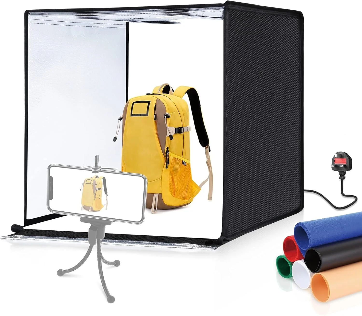 چادر نور تاشو LED مدل PU5060 با ابعاد 60 * 60 * 60 سانتی متر، جعبه نور استودیویی رومیزی 60 وات سافت باکس 120 عدد مهره LED با دمای 5500K و قابلیت تنظیم نور به همراه 6 پس زمینه رنگی برای عکاسی از محصولات کوچک