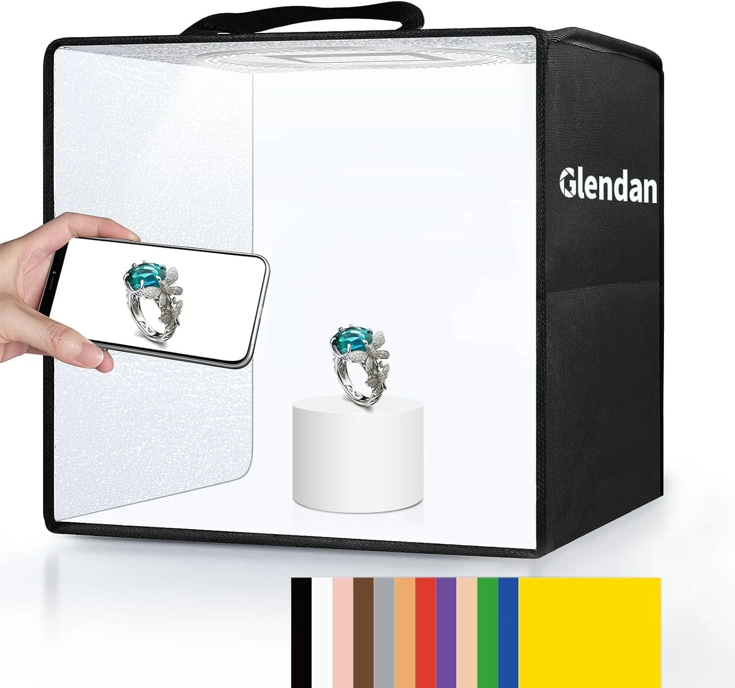 جعبه نور عکاسی کوچک Glendan، جعبه نور استودیویی 10"x10"، چادر نور عکاسی تاشو قابل حمل با CRI >95، دارای 88 عدد چراغ LED + 6 نوع پس زمینه رنگی دو طرفه برای محصولات با اندازه کوچک