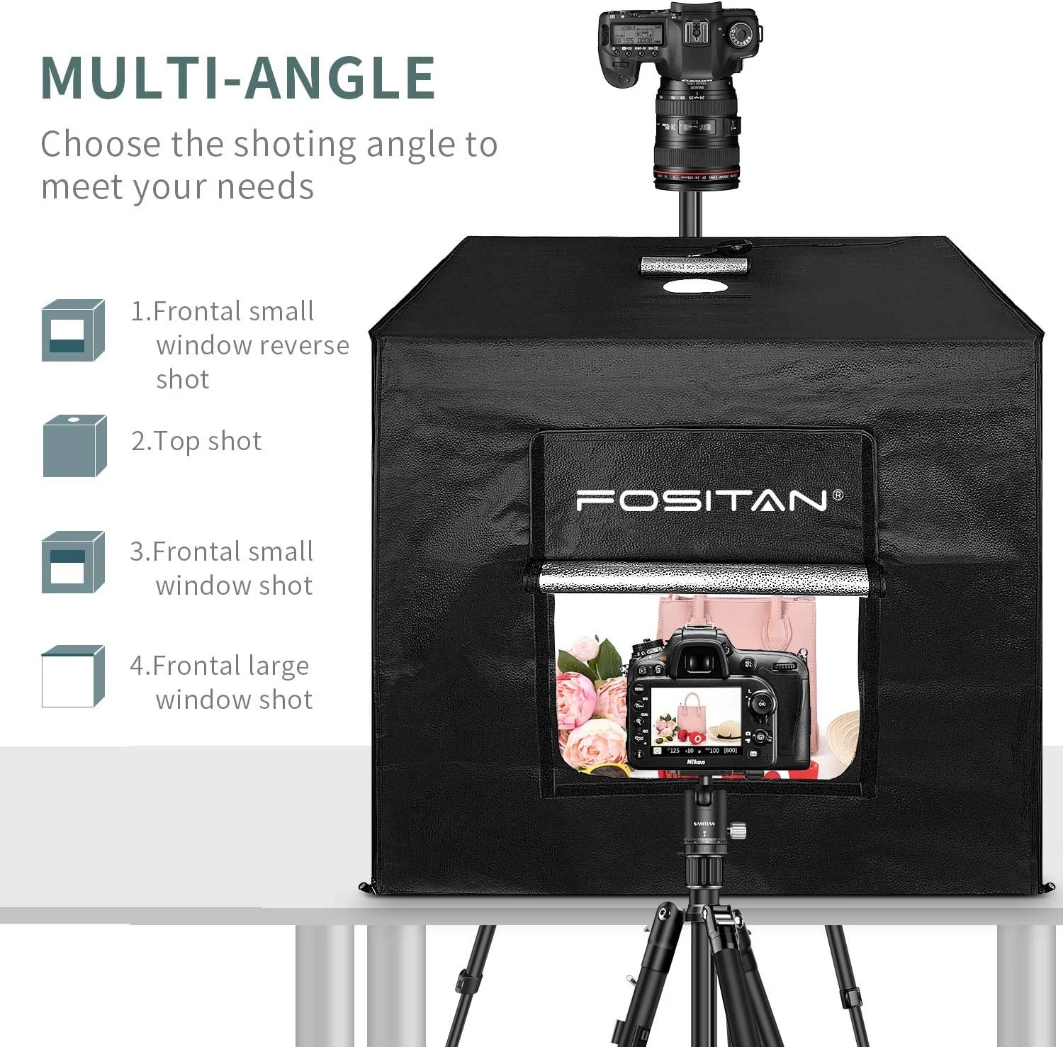 جعبه نور تاشو استودیویی فوسیتان 60x60x60 سانتی متر با 4 پس زمینه (سفید، مشکی، نارنجی، قرمز) برای عکاسی حرفه ای جعبه نور تاشو استودیویی فوسیتان 60x60x60 سانتی متر با 4 پس زمینه (سفید، مشکی، نارنجی، قرمز) برای عکاسی حرفه ای