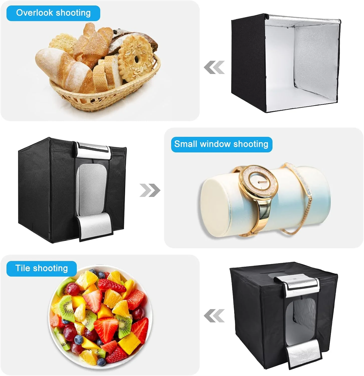 چادر نور LED بزرگ 80x80x80 سانتی متر، جعبه نور استودیویی تاشو سافت باکس با 270 عدد مهره LED با قابلیت تنظیم نور 5600K به همراه 3 پس زمینه رنگی برای عکاسی از محصولات استودیویی