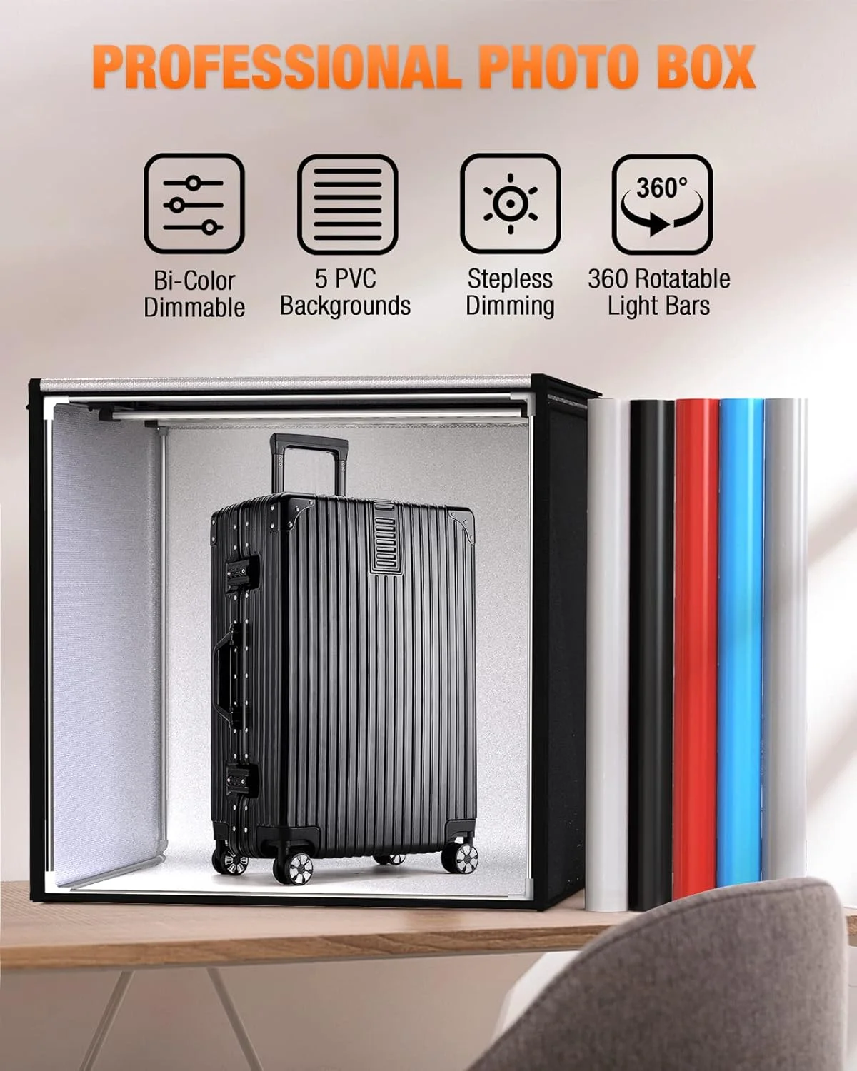 کیت جعبه نور استودیویی عکاسی فوسیتان، دارای 2 چراغ LED دو رنگ 252 تایی، ابعاد 80x80x80 سانتی‌متر به همراه 5 پس‌زمینه