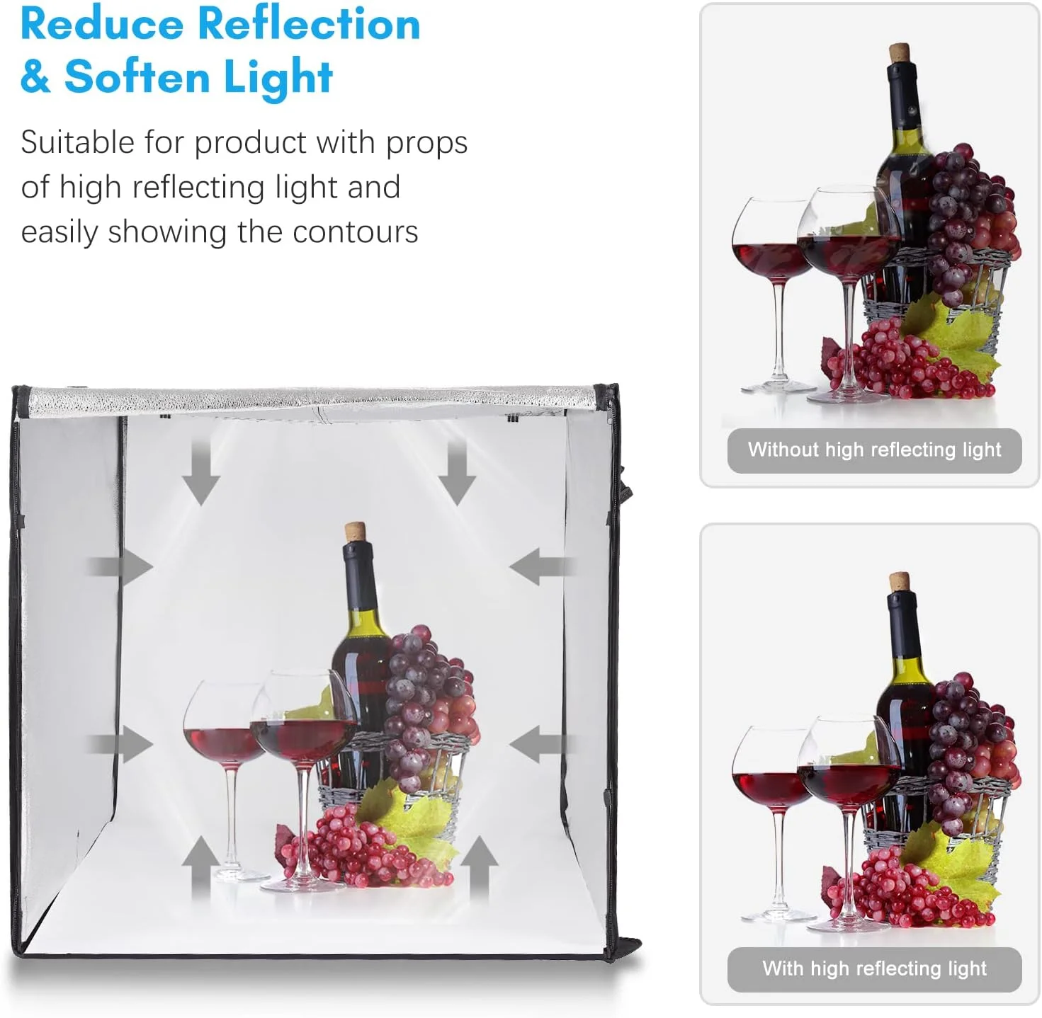 چادر نور LED بزرگ 80x80x80 سانتی متر، جعبه نور استودیویی تاشو سافت باکس با 270 عدد مهره LED با قابلیت تنظیم نور 5600K به همراه 3 پس زمینه رنگی برای عکاسی از محصولات استودیویی