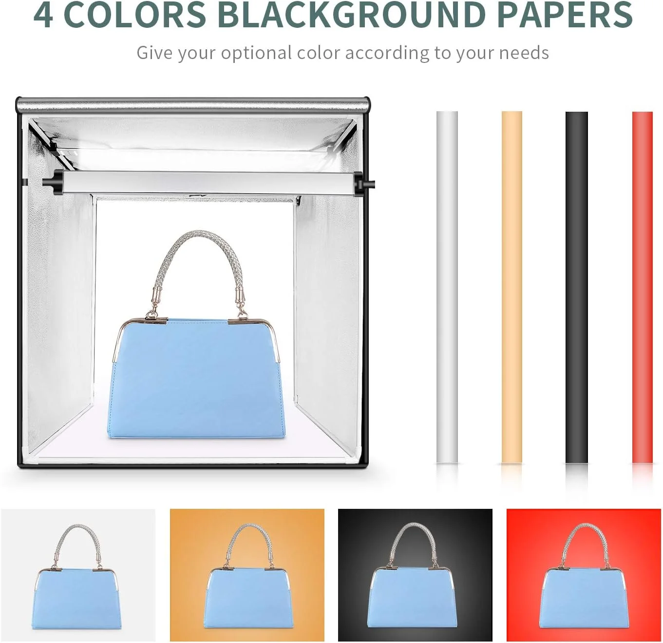 جعبه نور تاشو استودیویی فوسیتان 60x60x60 سانتی متر با 4 پس زمینه (سفید، مشکی، نارنجی، قرمز) برای عکاسی حرفه ای جعبه نور تاشو استودیویی فوسیتان 60x60x60 سانتی متر با 4 پس زمینه (سفید، مشکی، نارنجی، قرمز) برای عکاسی حرفه ای