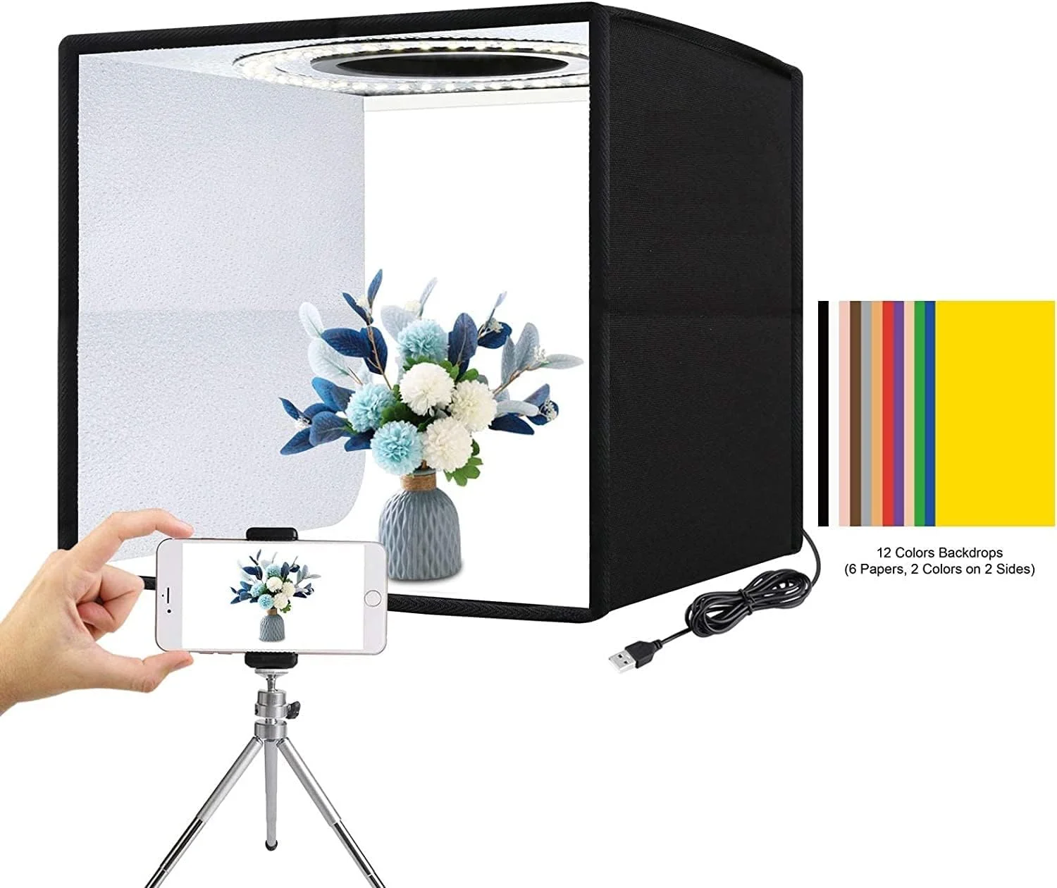 جعبه استودیویی تاشو و قابل حمل 25 سانتی متری با نور LED و CRI بالا + پد پنل لامپ بدون سایه با 12 پس زمینه رنگی