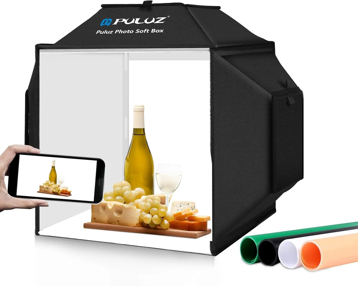 جعبه نور تاشو LED رومیزی Irovami PU5042B با ابعاد 40cm * 40cm، سافت باکس استودیویی با 480 عدد لامپ LED، CRI95، توان 70 وات، دمای رنگ 5500K و قابلیت تنظیم نور به همراه 4 پس زمینه رنگی برای عکاسی از محصولات کوچک