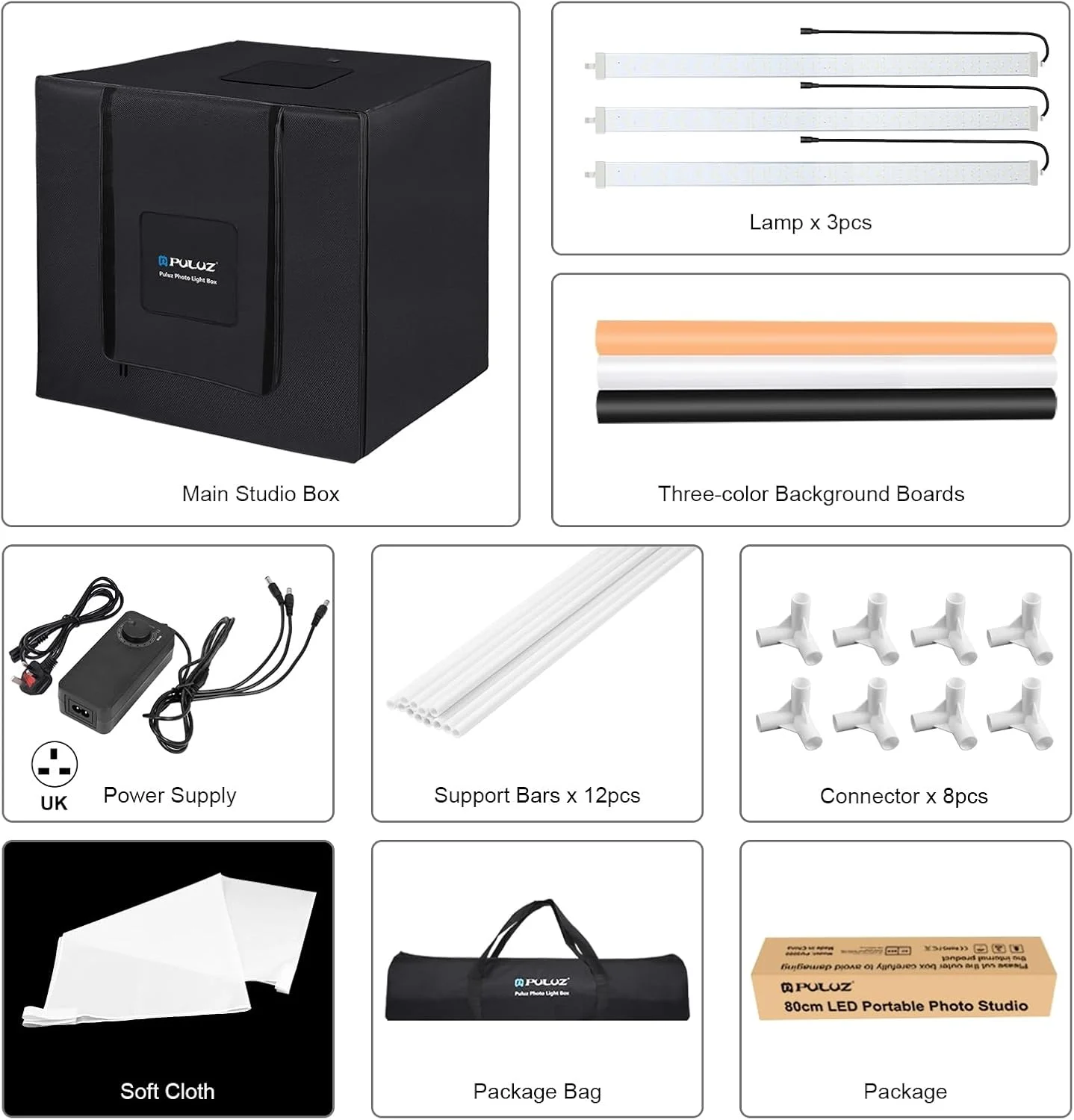 جعبه نور تاشو بزرگ Joleritc PU5083 با ابعاد 80 * 80 * 80 سانتی متر، استودیوی عکس رومیزی با نور LED، سافت باکس 90 واتی، 234 عدد مهره LED با دمای رنگ 5500K و قابلیت تنظیم نور به همراه 3 پس زمینه رنگی برای عکاسی از محصولات در استودیو