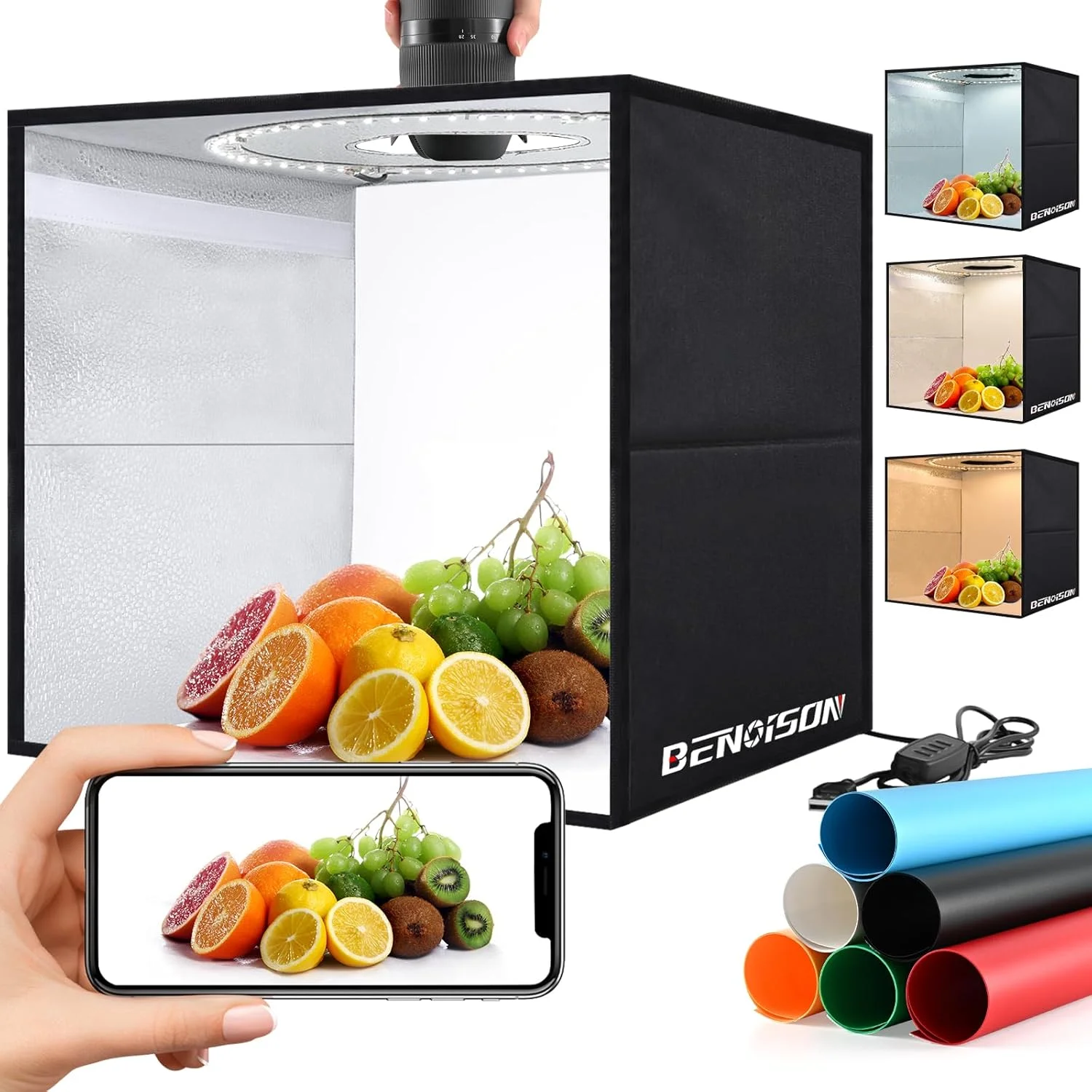 جعبه نور عکاسی - چادر عکاسی قابل حمل 16"x16" با 120 LED و 6 پس زمینه برای عکاسی از جواهرات، ساعت، لوازم آرایشی و مواد غذایی