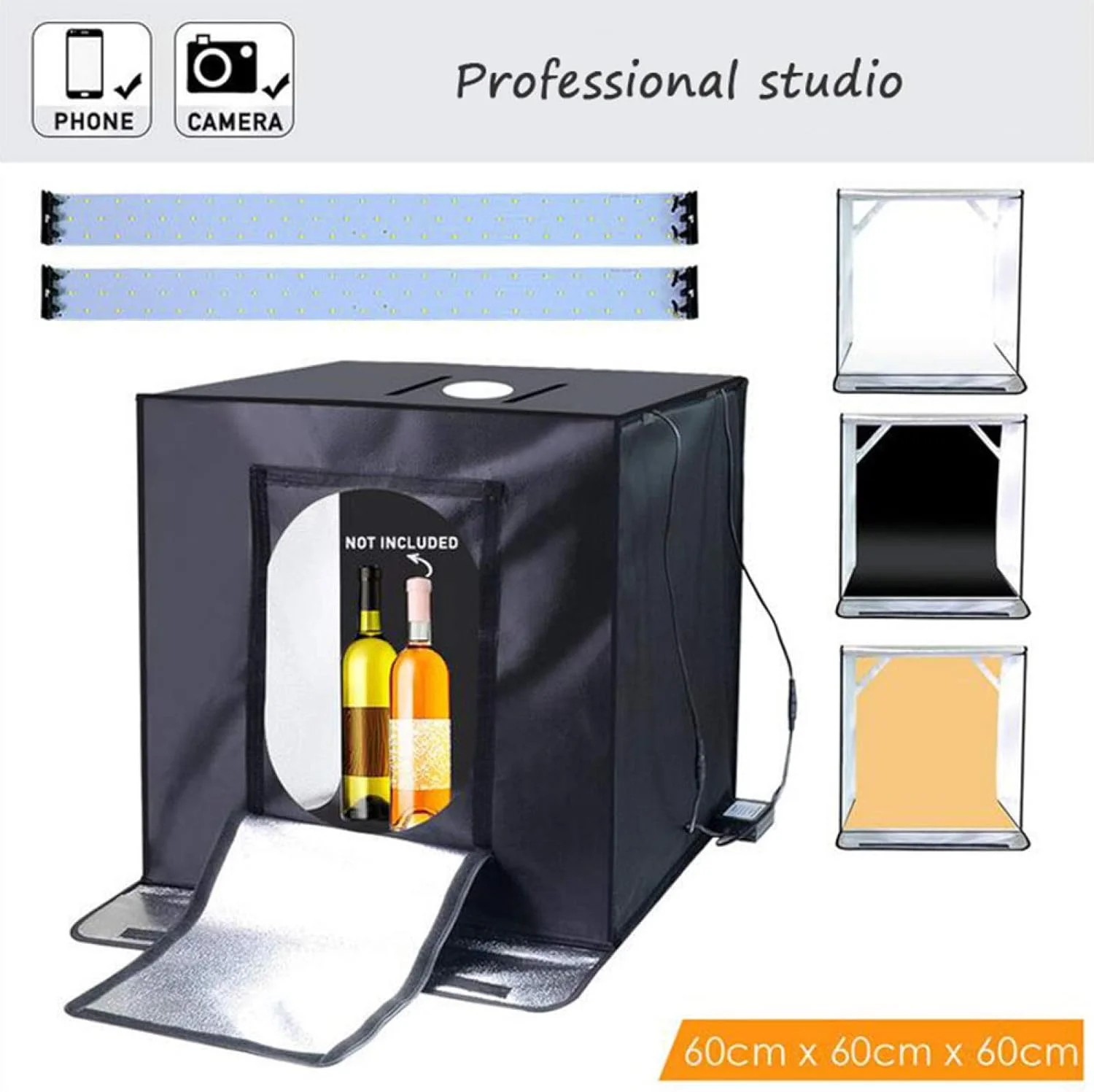 جعبه نور استودیوی عکس قابل حمل 60x60x60 سانتی متر، چادر نور LED 5500K مینی 60 وات، کیت چادر استودیوی عکاسی با 3 پس زمینه قابل جابجایی (مشکی، نارنجی، سفید)، مشکی جعبه نور استودیوی عکس قابل حمل 60x60x60 سانتی متر، چادر نور LED 5500K مینی 60 وات، کیت چادر استودیوی عکاسی با 3 پس زمینه قابل جابجایی (مشکی، نارنجی، سفید)، مشکی