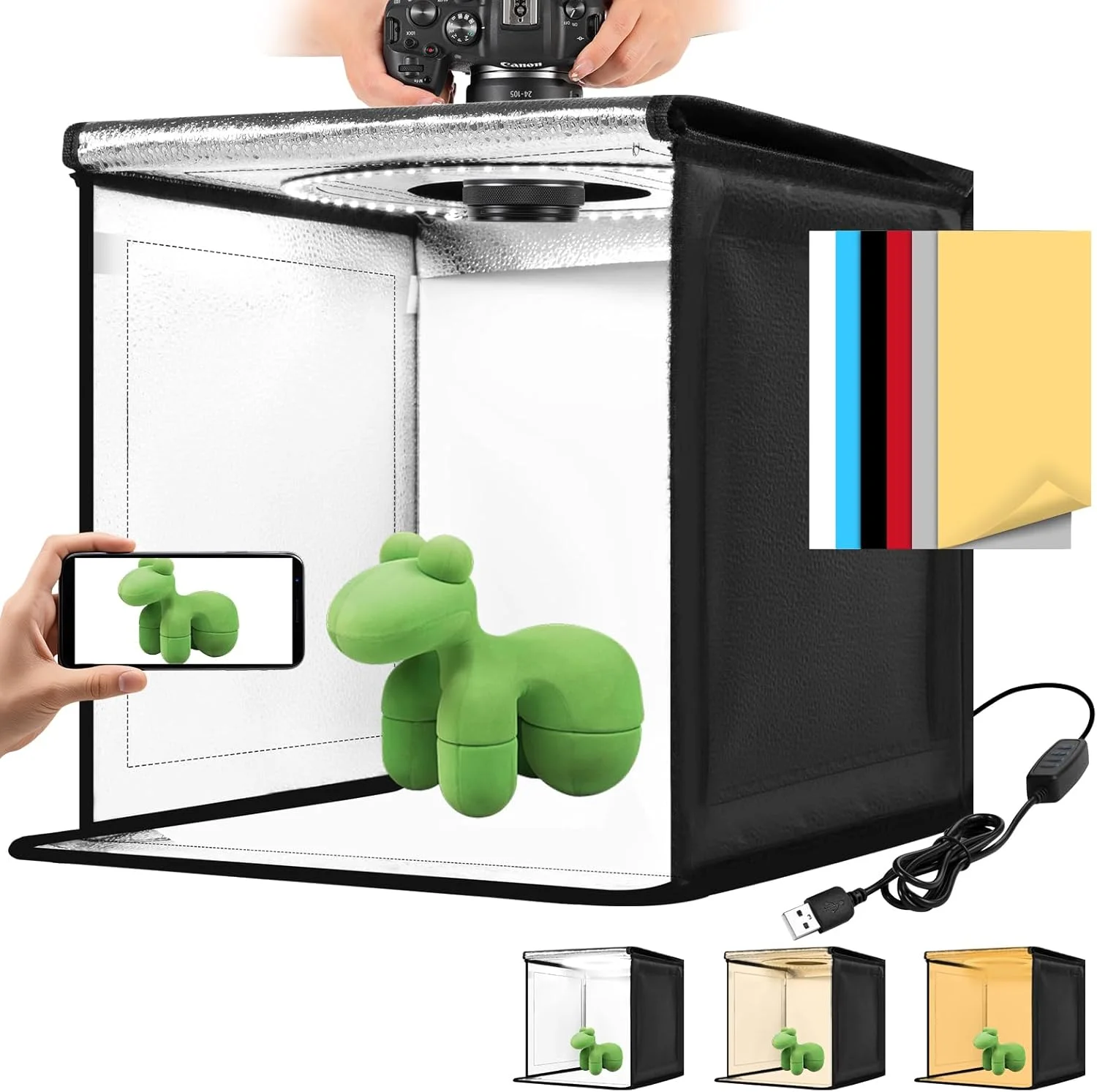 جعبه نور عکاسی، 12/16/20/24/32 اینچی با CRI>95 و 120 مهره نوری. کیت چادر عکاسی دیمر دار با نور سفید و گرم. دارای 6 پس زمینه رنگی، مناسب برای نمایش محصولات استودیویی