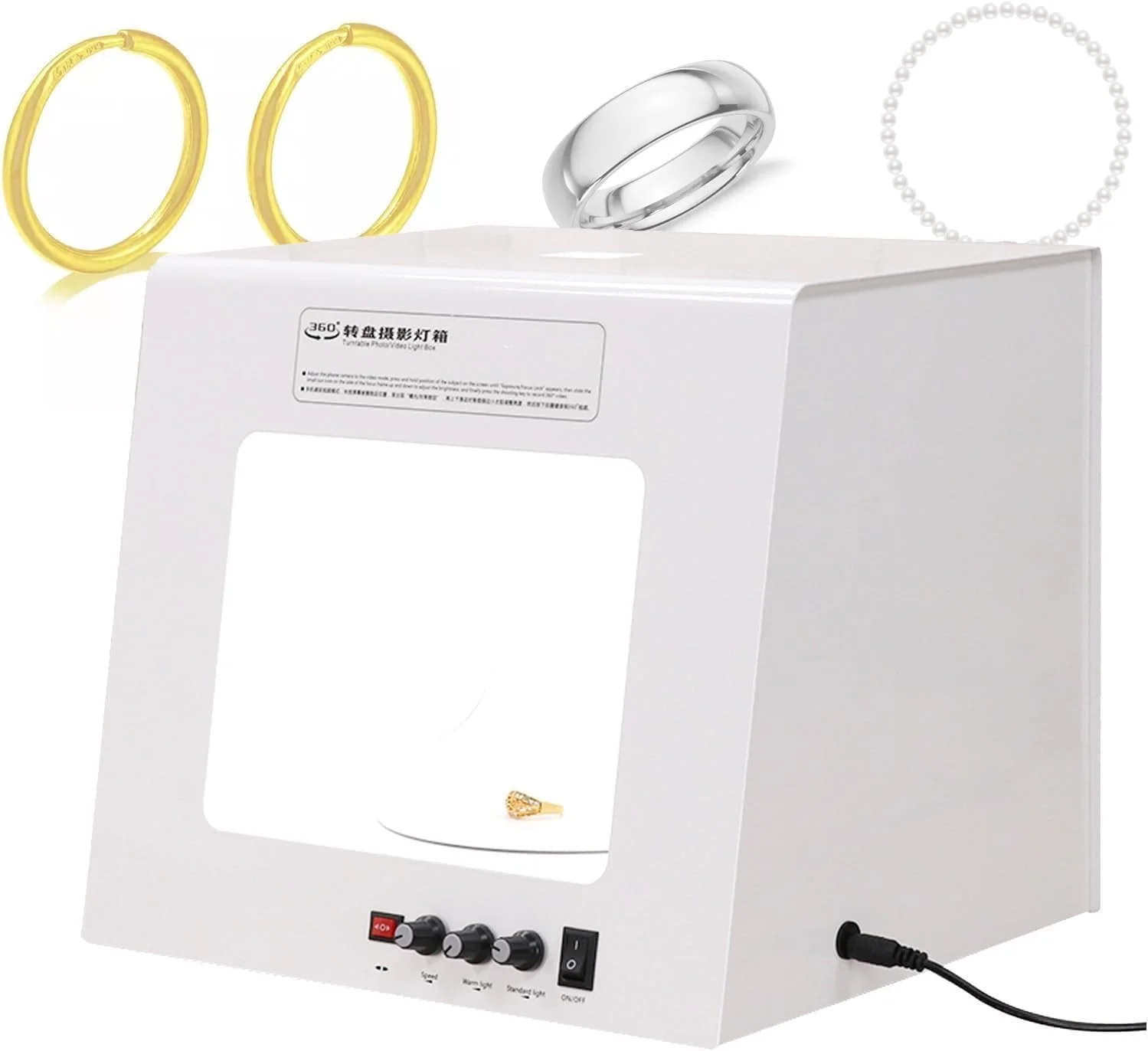 جعبه نور عکاسی، کیت چادر نور عکاسی چرخان الکتریکی 360 درجه با 4 چراغ LED و 5 پس زمینه رنگی، برای گردنبند، انگشتر، ساعت