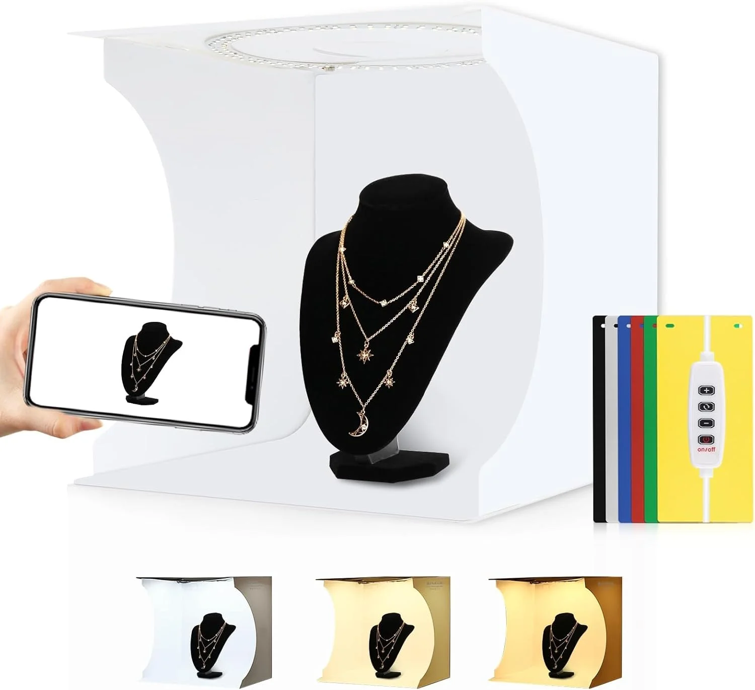 جعبه نور تاشو قابل حمل 12 اینچی با چراغ های LED سفید و گرم قابل تنظیم، 6 پس زمینه رنگی، چادر عکاسی کوچک قابل حمل برای عکاسی از محصولات و اشیاء کوچک